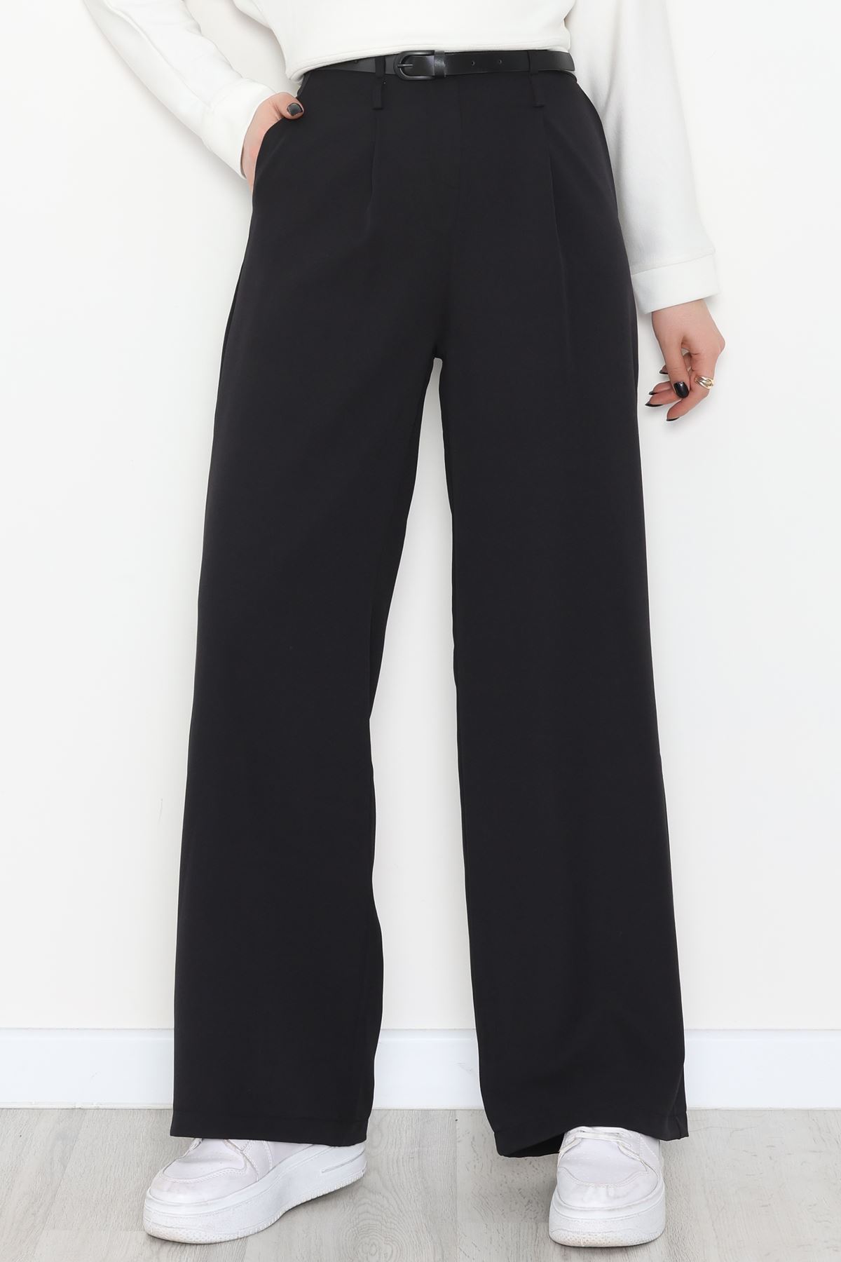 Dabıl Kumaş Kemerli Palazzo Pantolon Siyah - 2085.1991.