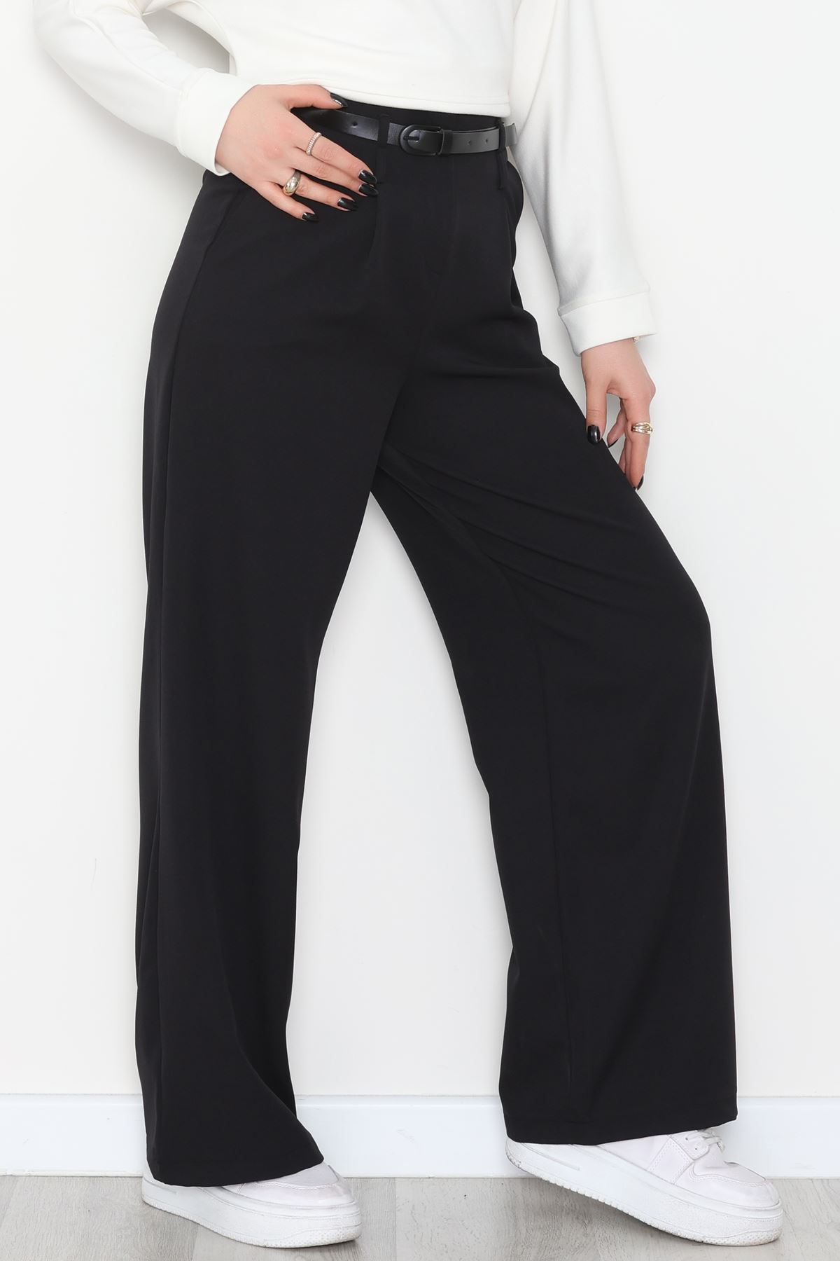 Dabıl Kumaş Kemerli Palazzo Pantolon Siyah - 2085.1991.