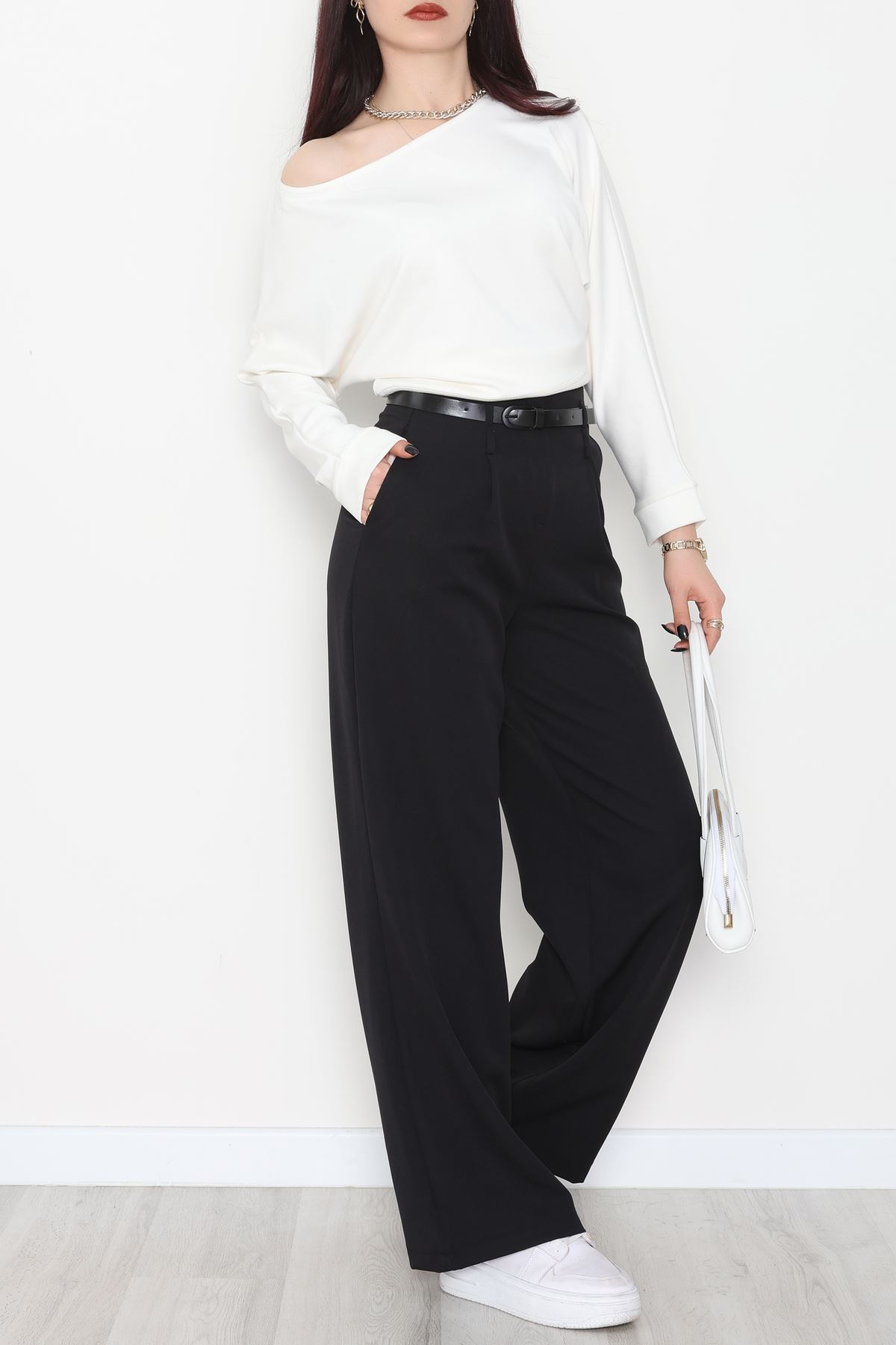 Dabıl Kumaş Kemerli Palazzo Pantolon Siyah - 2085.1991.