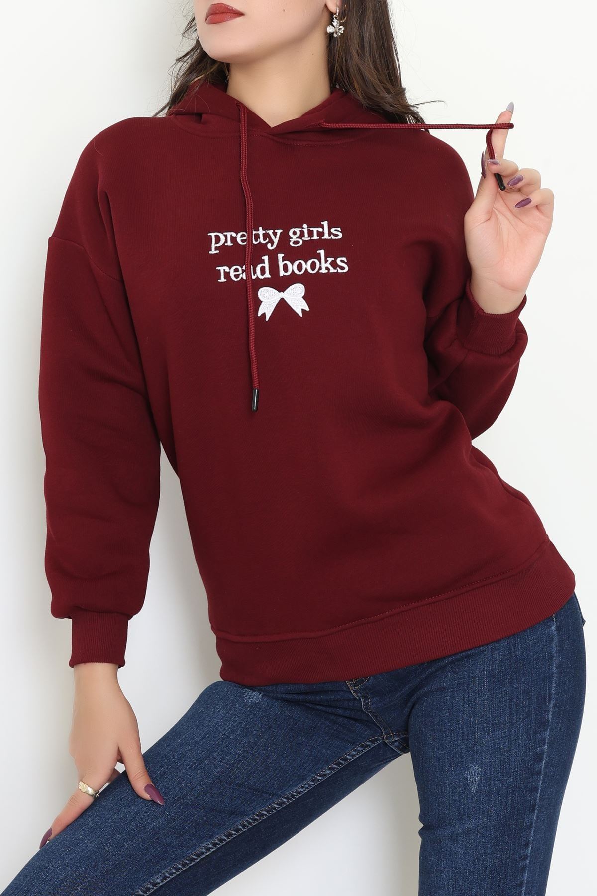 3 İplik Kapşonlu Nakışlı Sweat Koyubordobeyaz - 42228.1878.