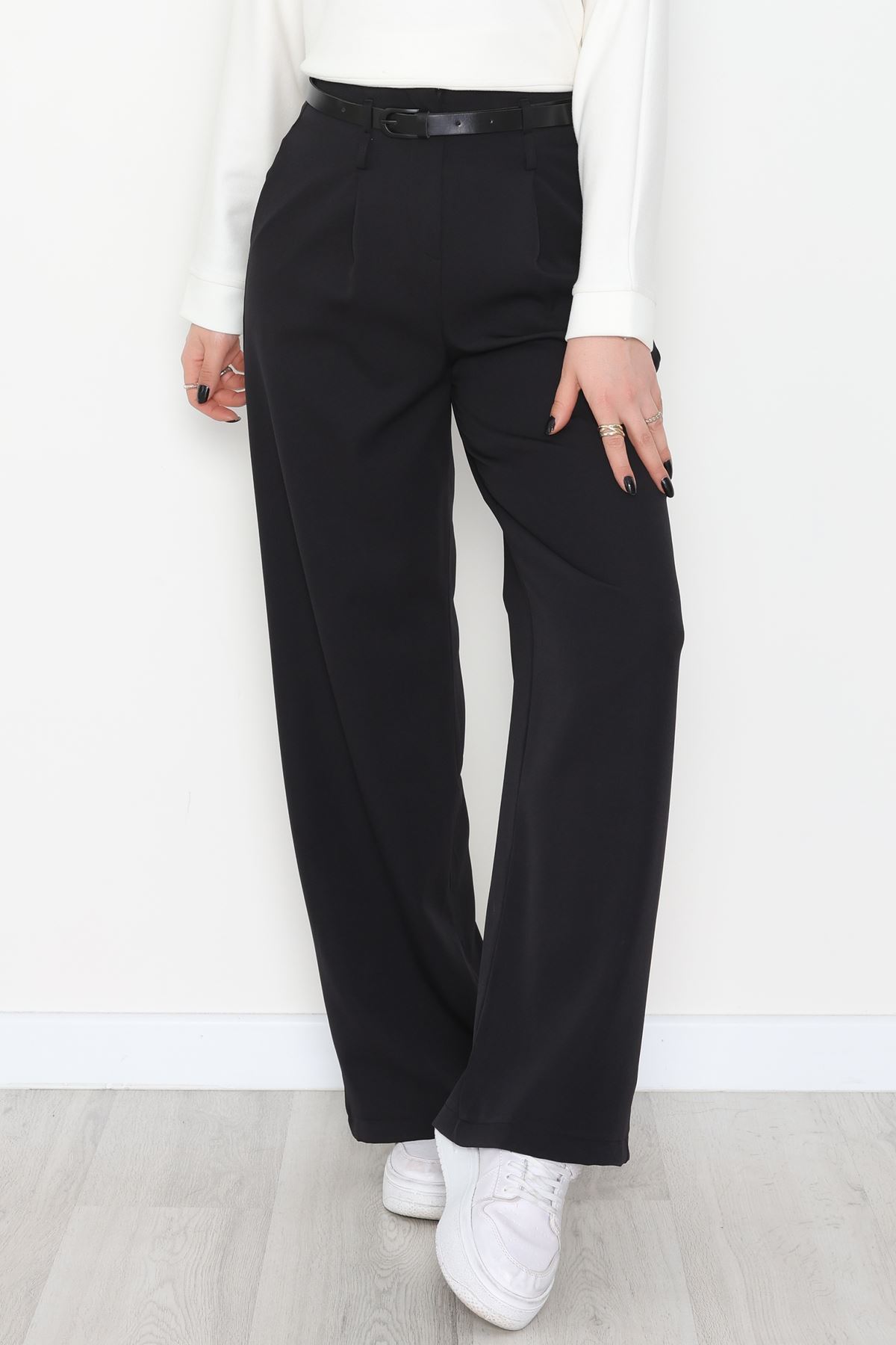 Dabıl Kumaş Kemerli Palazzo Pantolon Siyah - 2085.1991.