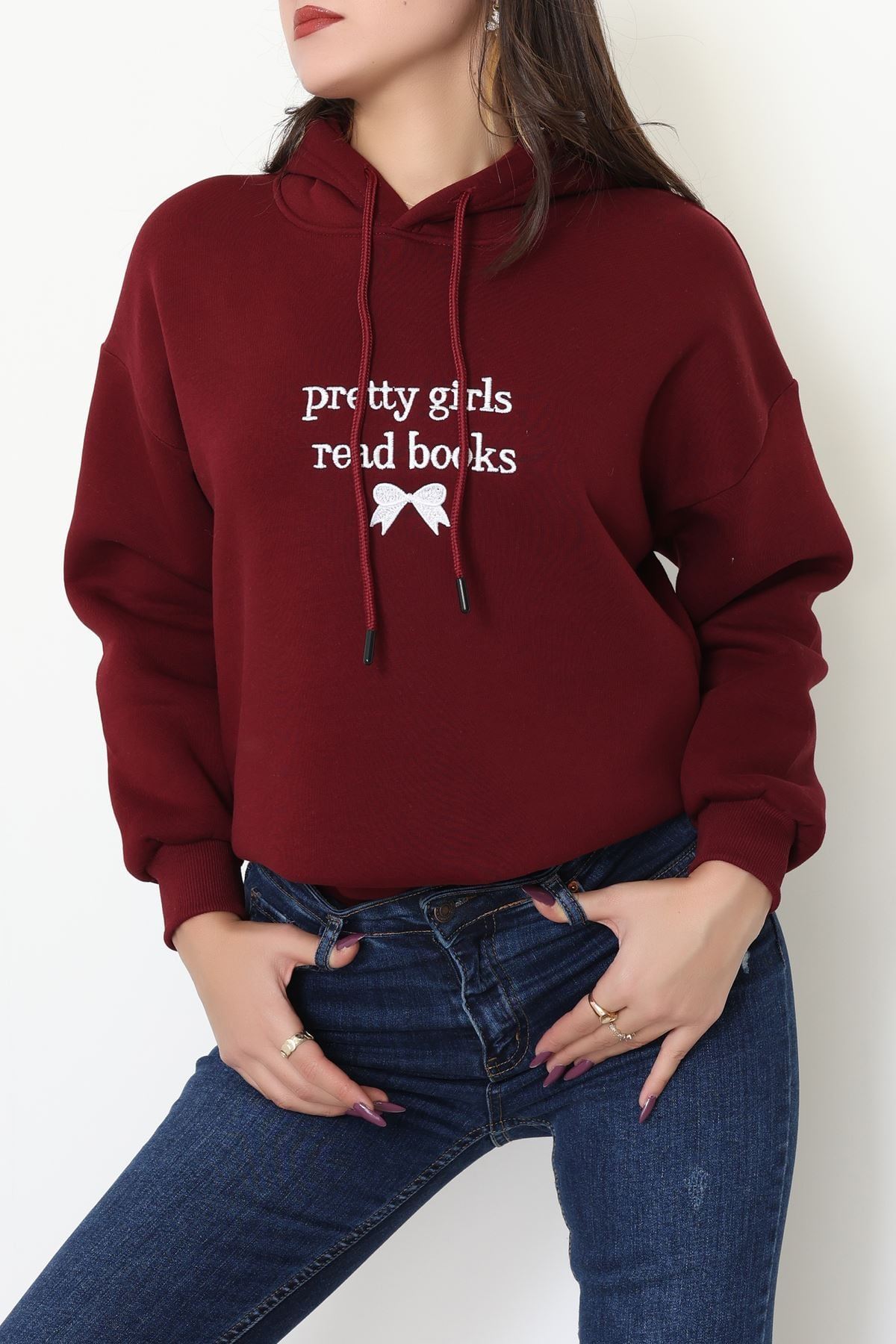 3 İplik Kapşonlu Nakışlı Sweat Koyubordobeyaz - 42228.1878.