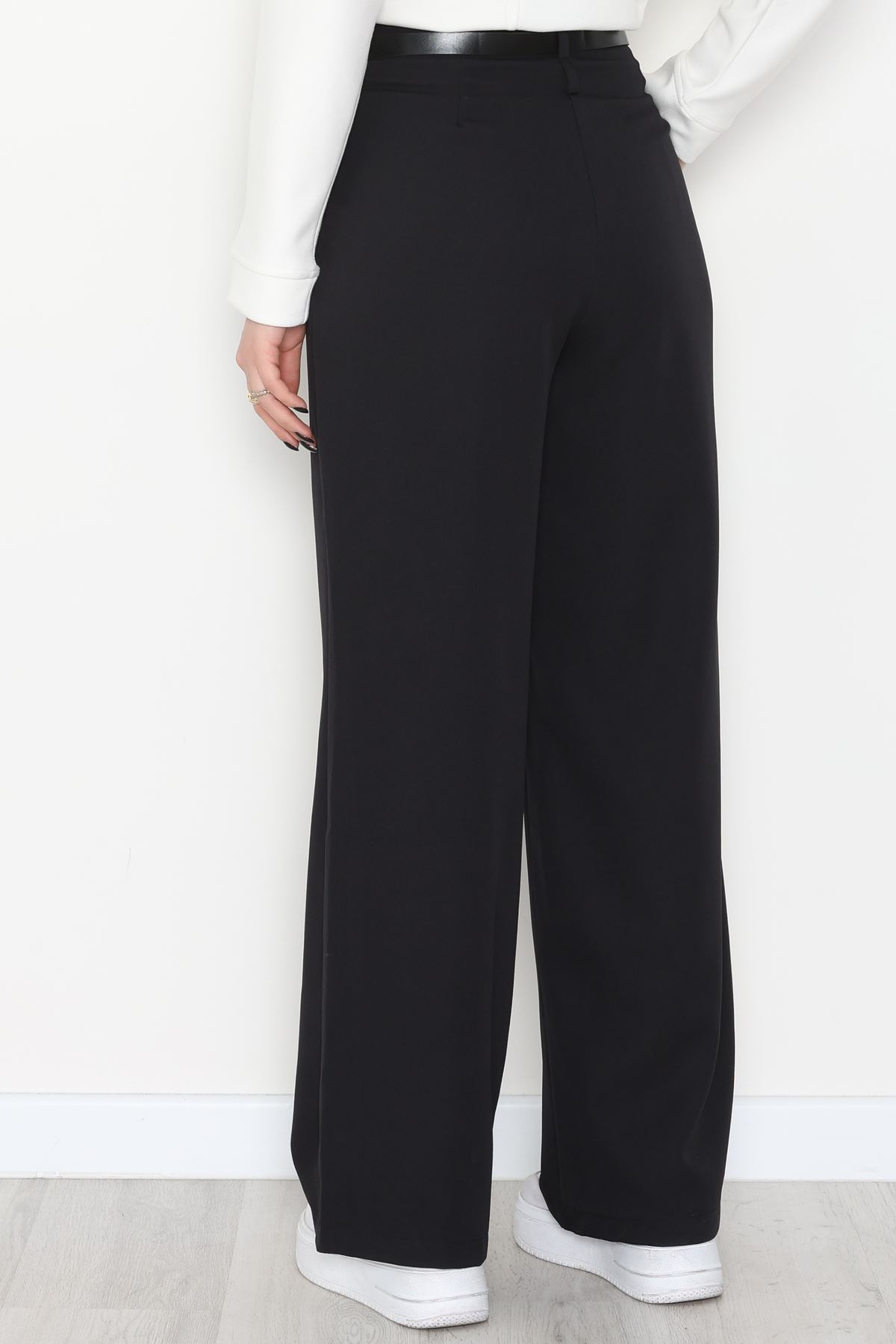Dabıl Kumaş Kemerli Palazzo Pantolon Siyah - 2085.1991.