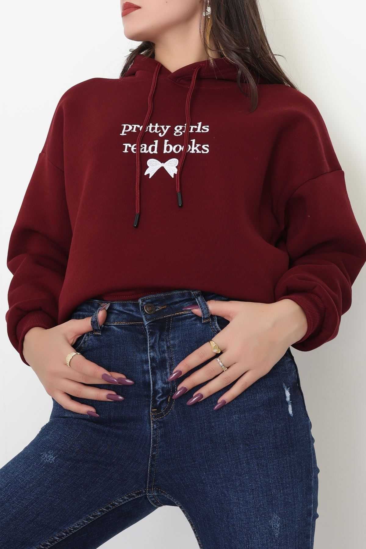 3 İplik Kapşonlu Nakışlı Sweat Koyubordobeyaz - 42228.1878.