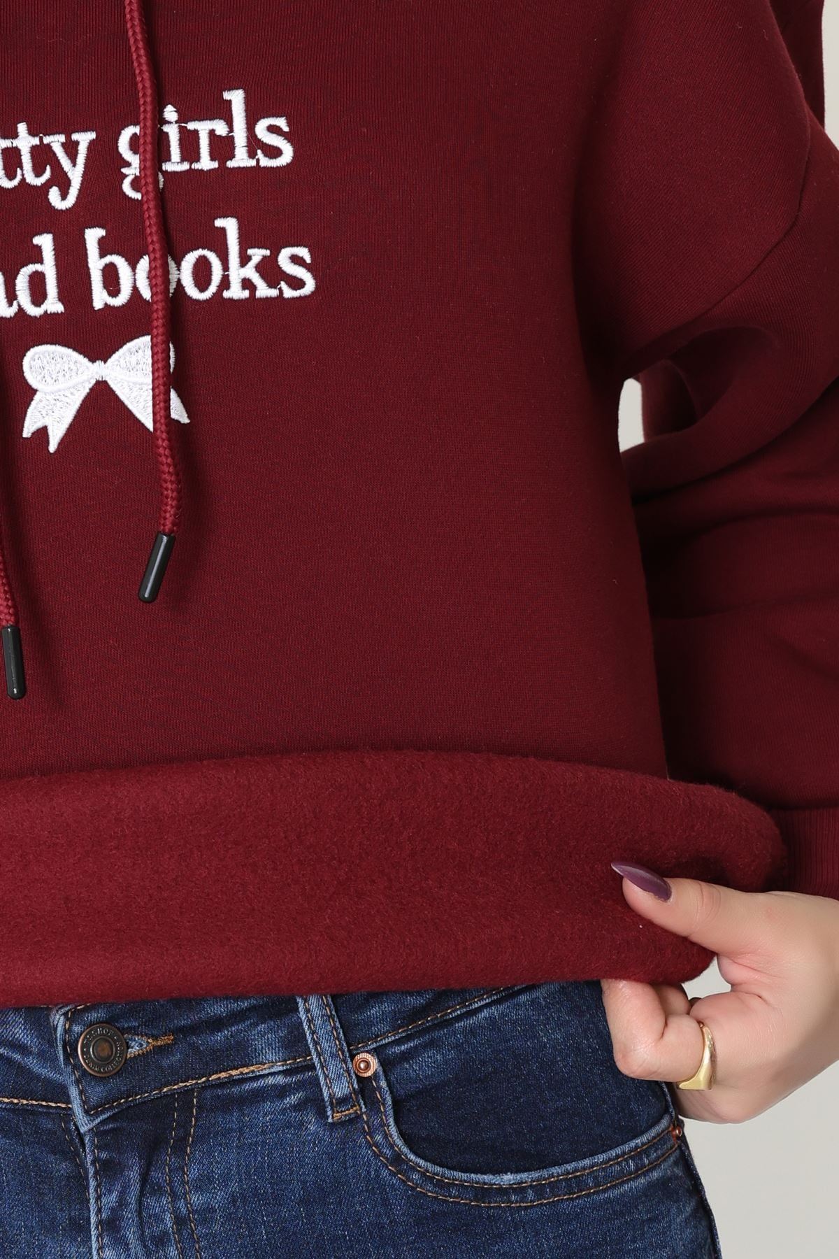 3 İplik Kapşonlu Nakışlı Sweat Koyubordobeyaz - 42228.1878.