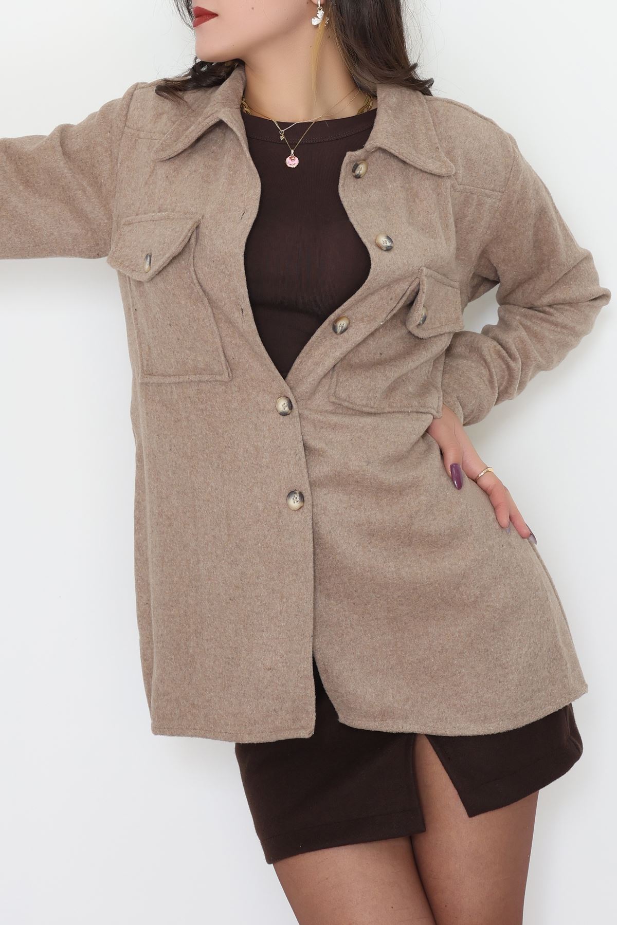 Çift Cepli Kuşaklı Tunik Gömlek Bej - 70991.1775.