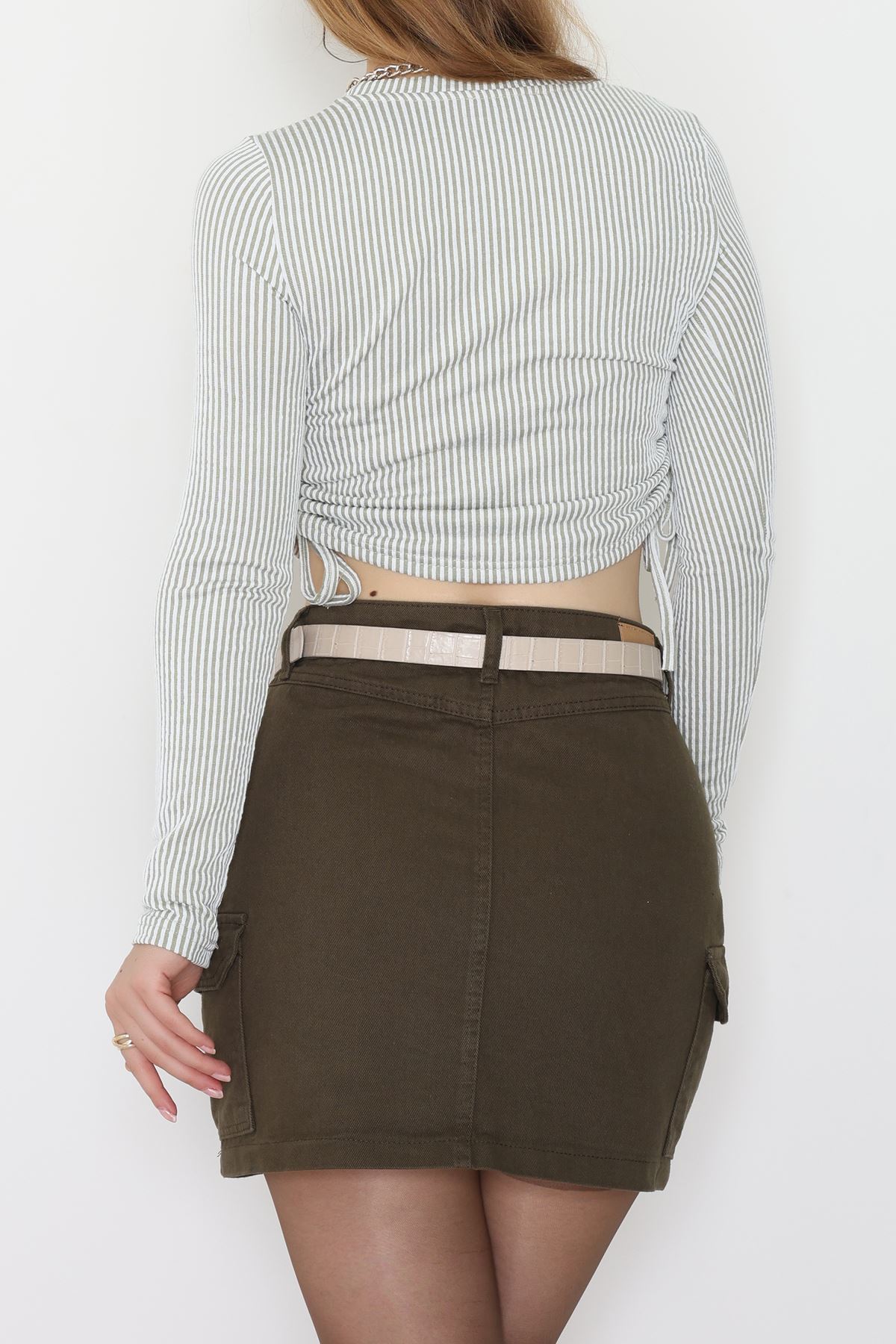 Su Yolu Kumaş Yan Bağlama Detay Bluz Haki - 1018.2119.