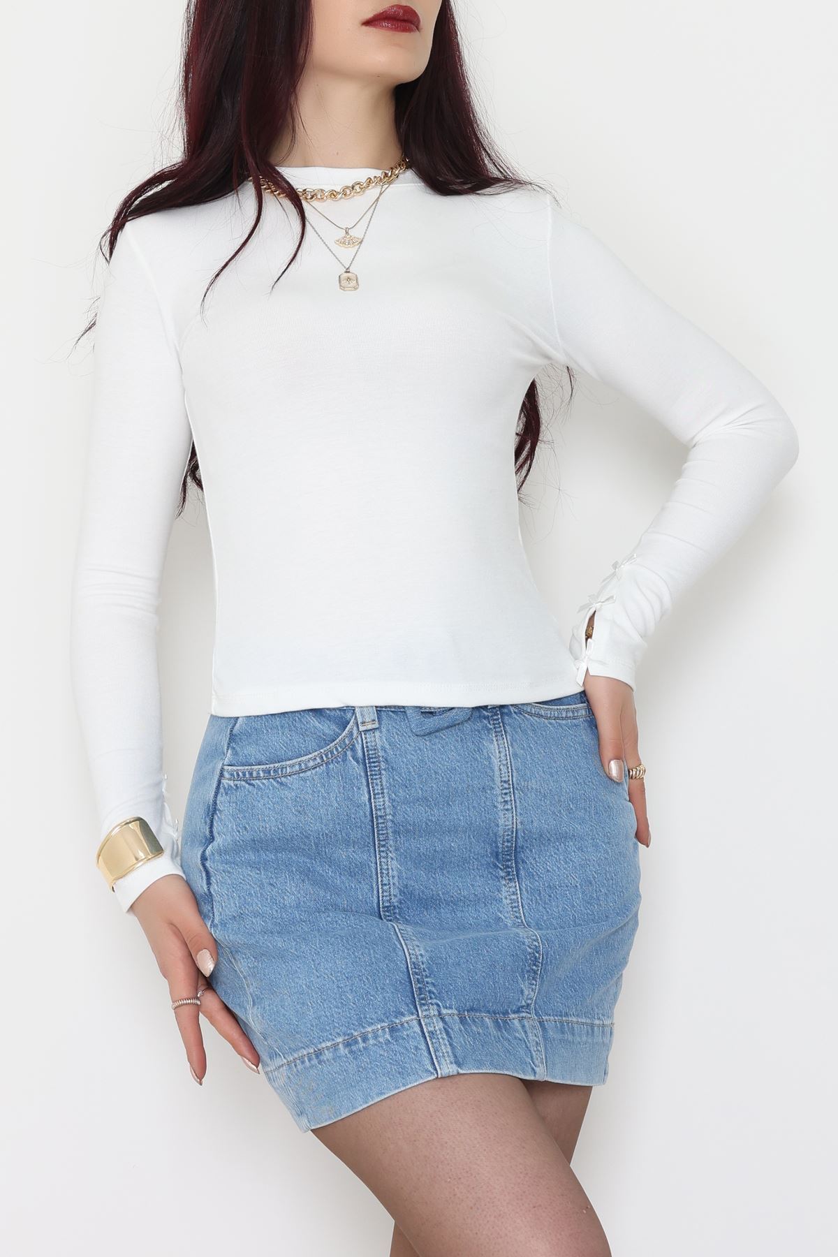 Bisiklet Yaka Kolu Fiyonklu Bluz Ekru - 1045.2119.