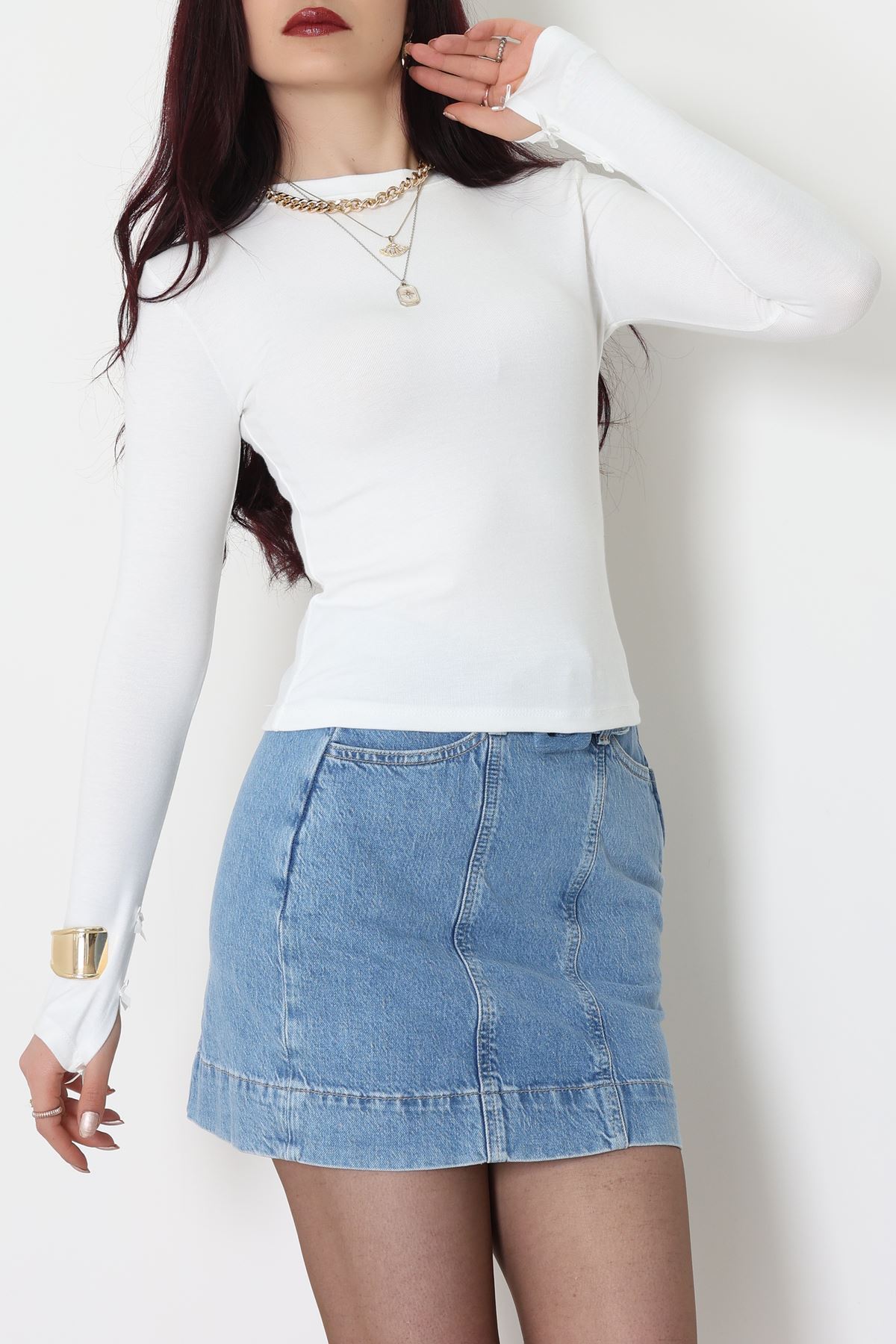 Bisiklet Yaka Kolu Fiyonklu Bluz Ekru - 1045.2119.