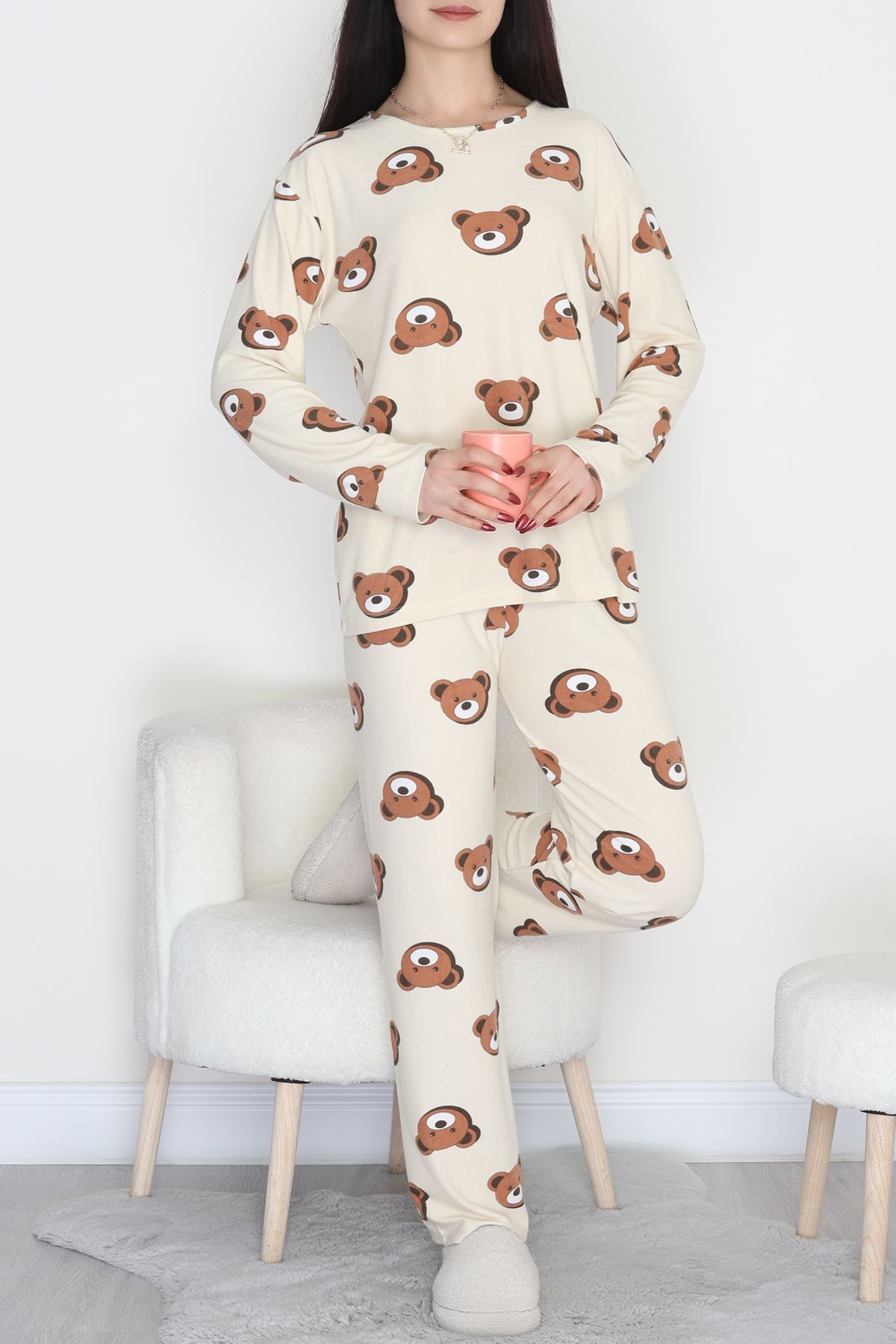 Süet Alt Üst Aynı Pijama Takımı Bejkahve - 118.1287.