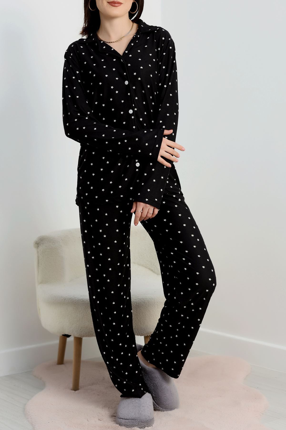 Düğmeli Süet Pijama Takımı Siyahyıldız - 450.1287.