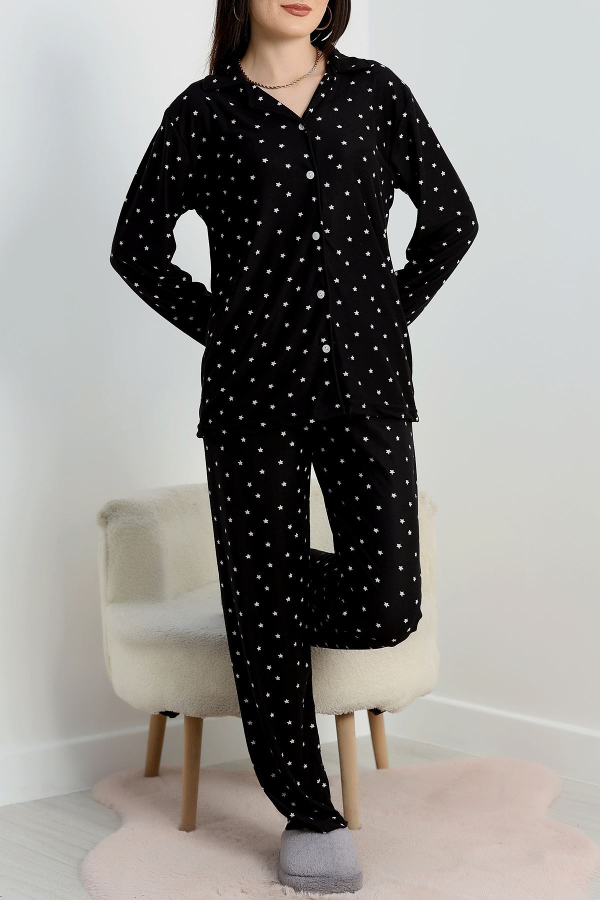 Düğmeli Süet Pijama Takımı Siyahyıldız - 450.1287.