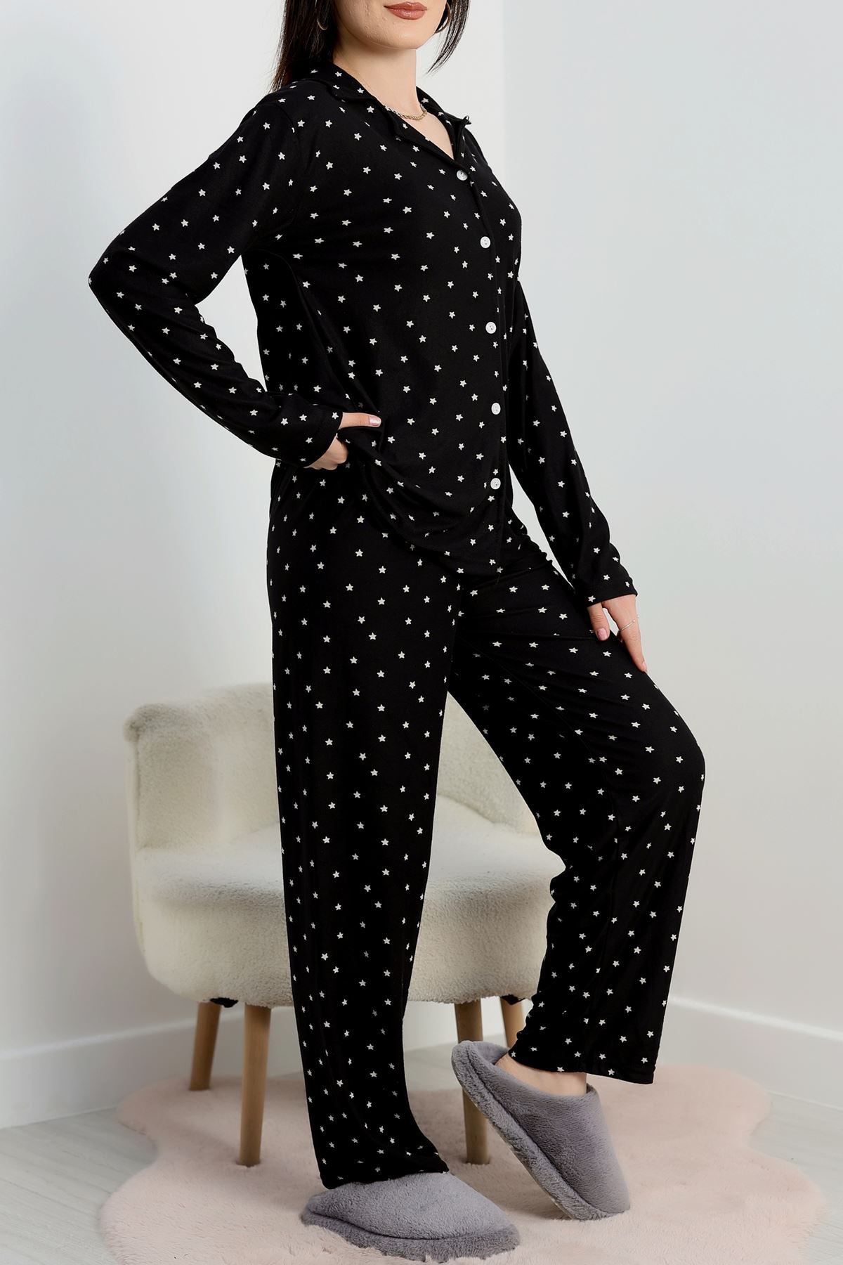 Düğmeli Süet Pijama Takımı Siyahyıldız - 450.1287.