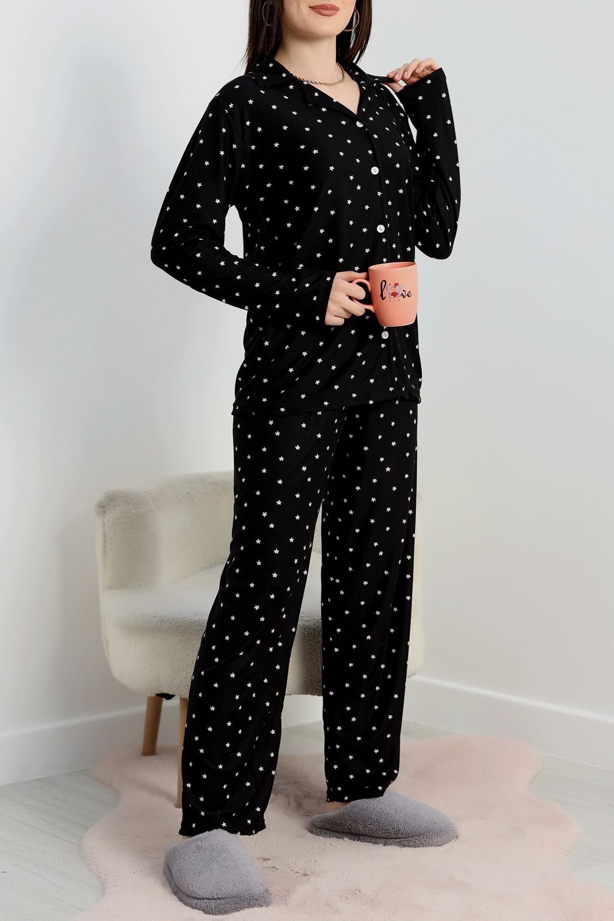 Düğmeli Süet Pijama Takımı Siyahyıldız - 450.1287.