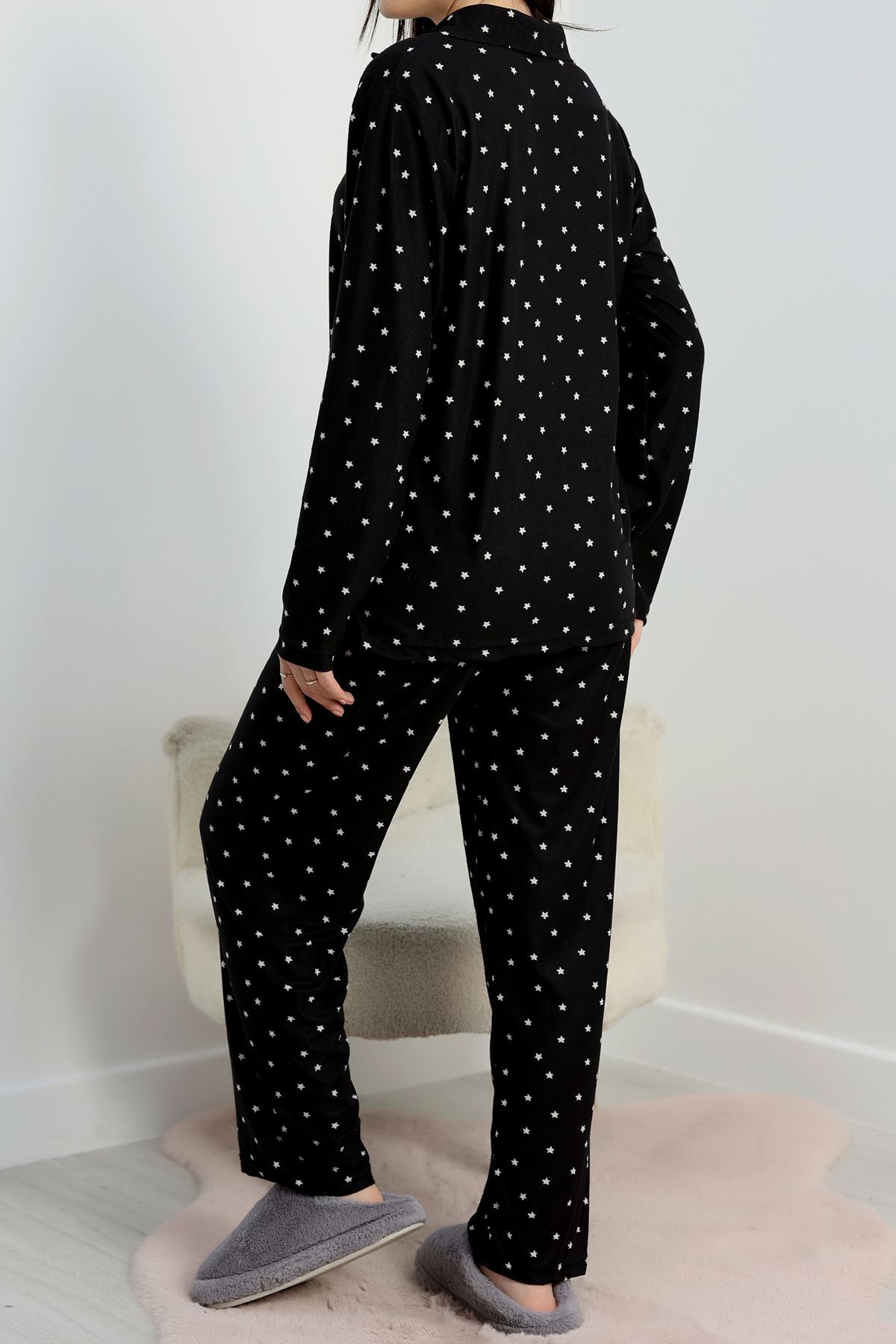 Düğmeli Süet Pijama Takımı Siyahyıldız - 450.1287.