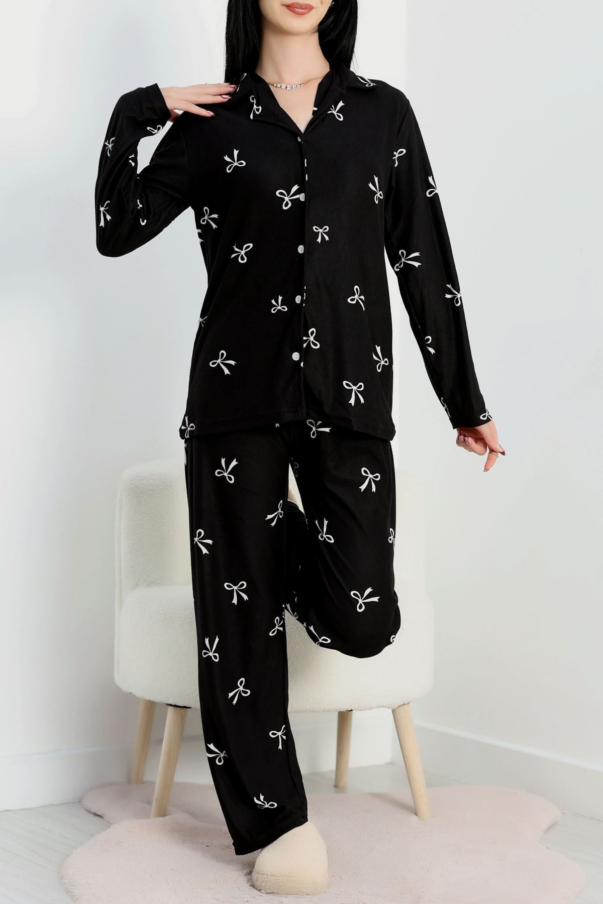 Düğmeli Süet Pijama Takımı Siyahkurdele - 450.1287.