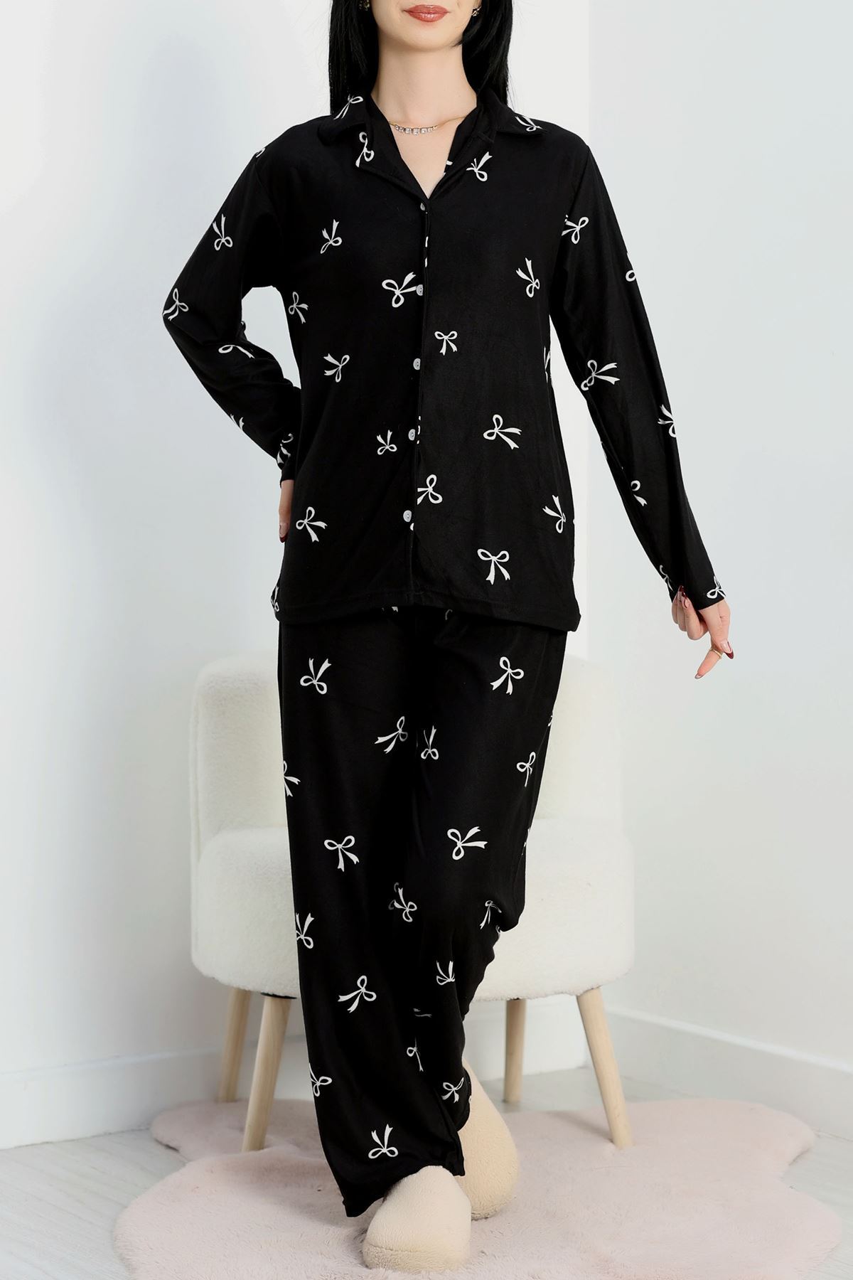 Düğmeli Süet Pijama Takımı Siyahkurdele - 450.1287.