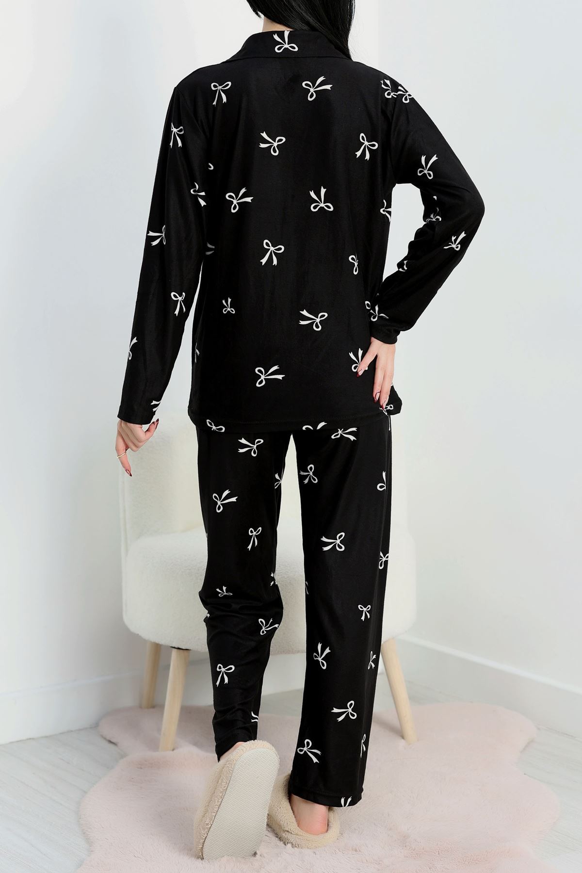 Düğmeli Süet Pijama Takımı Siyahkurdele - 450.1287.