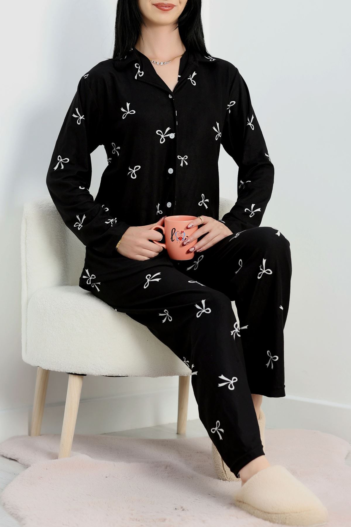 Düğmeli Süet Pijama Takımı Siyahkurdele - 450.1287.