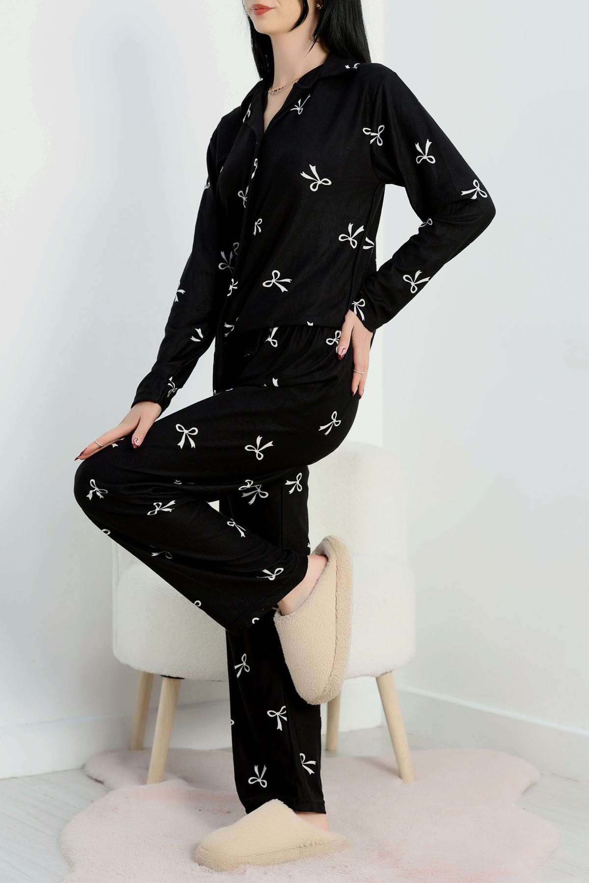 Düğmeli Süet Pijama Takımı Siyahkurdele - 450.1287.