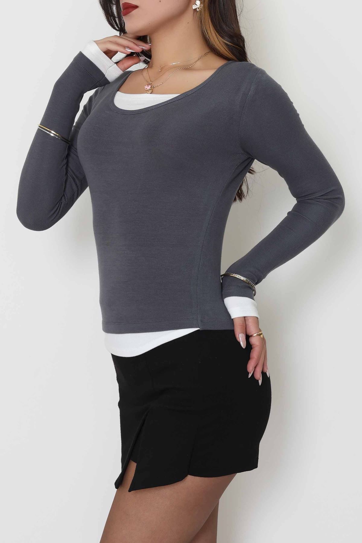 Buzzy Kumaş Geniş Yaka Parçalı Bluz Antrasit - 1055.2119.