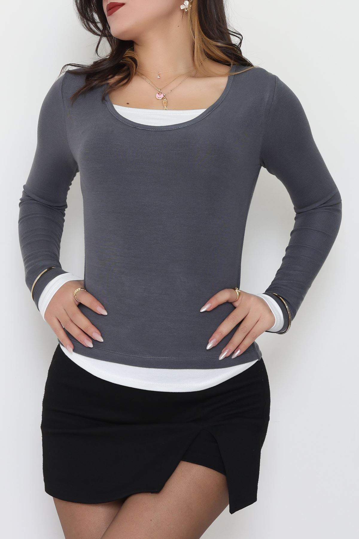 Buzzy Kumaş Geniş Yaka Parçalı Bluz Antrasit - 1055.2119.