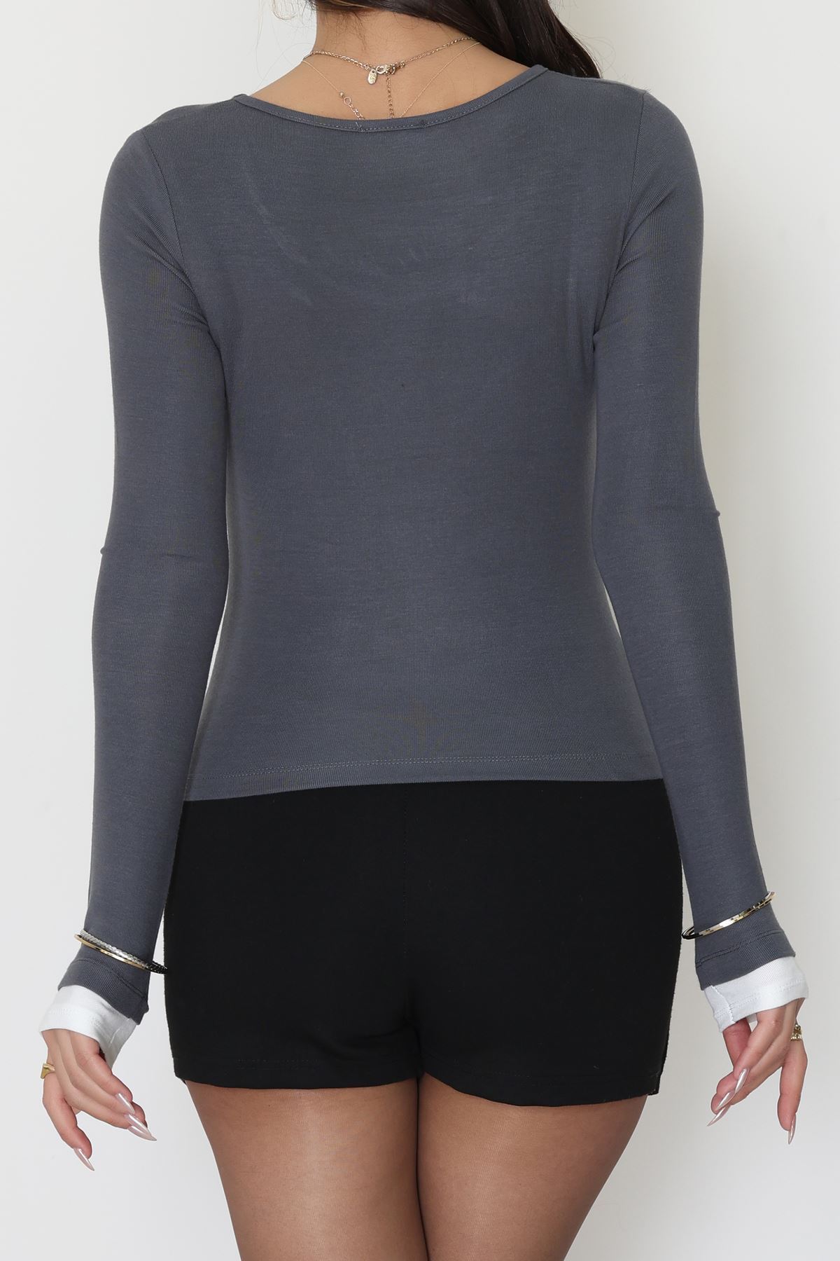 Buzzy Kumaş Geniş Yaka Parçalı Bluz Antrasit - 1055.2119.