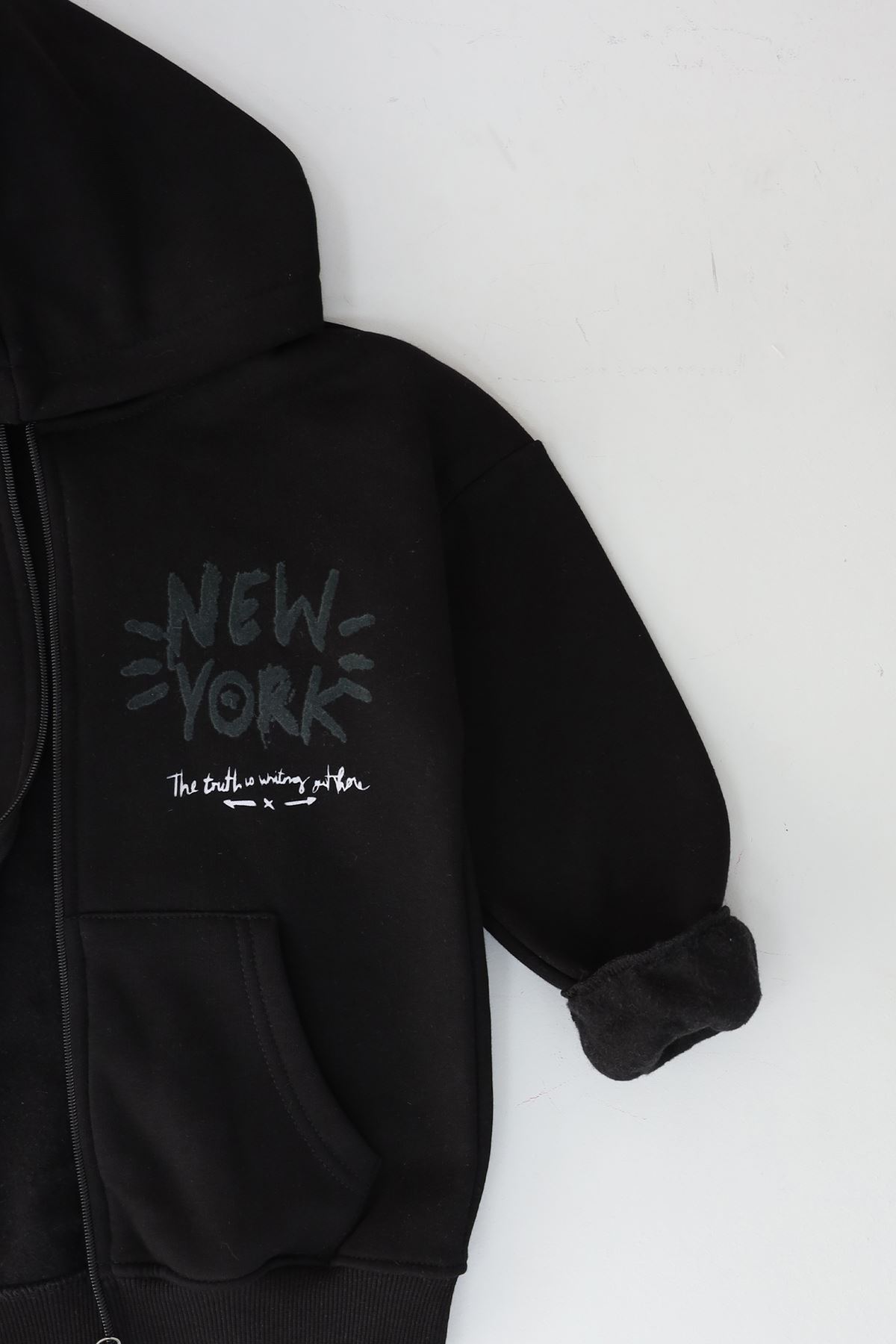 8-12 Yaş 3 İplik Şardonlu Fermuarlı Sweat Siyah - 3264309.1576.