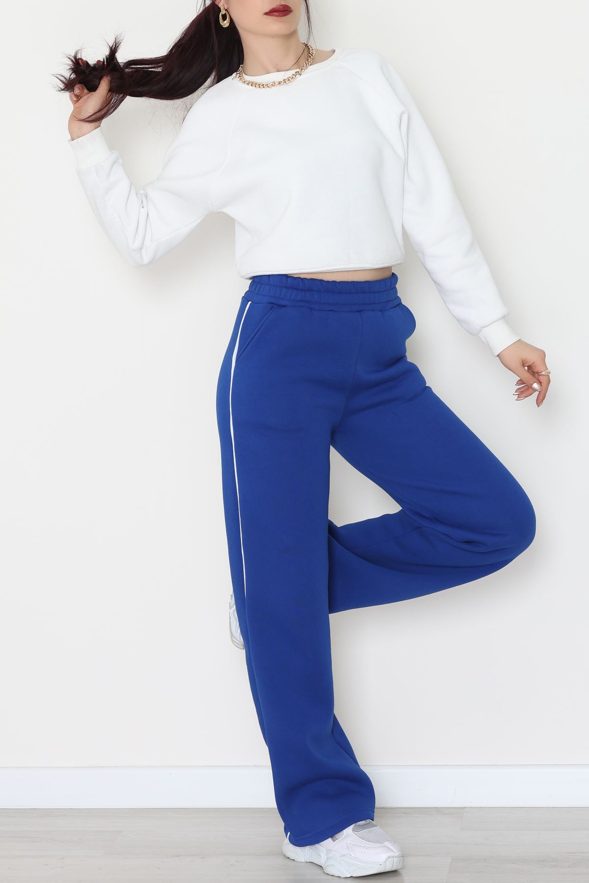 3 İplik Biyeli Palazzo Eşofman Altı Saks - 30104.1878.