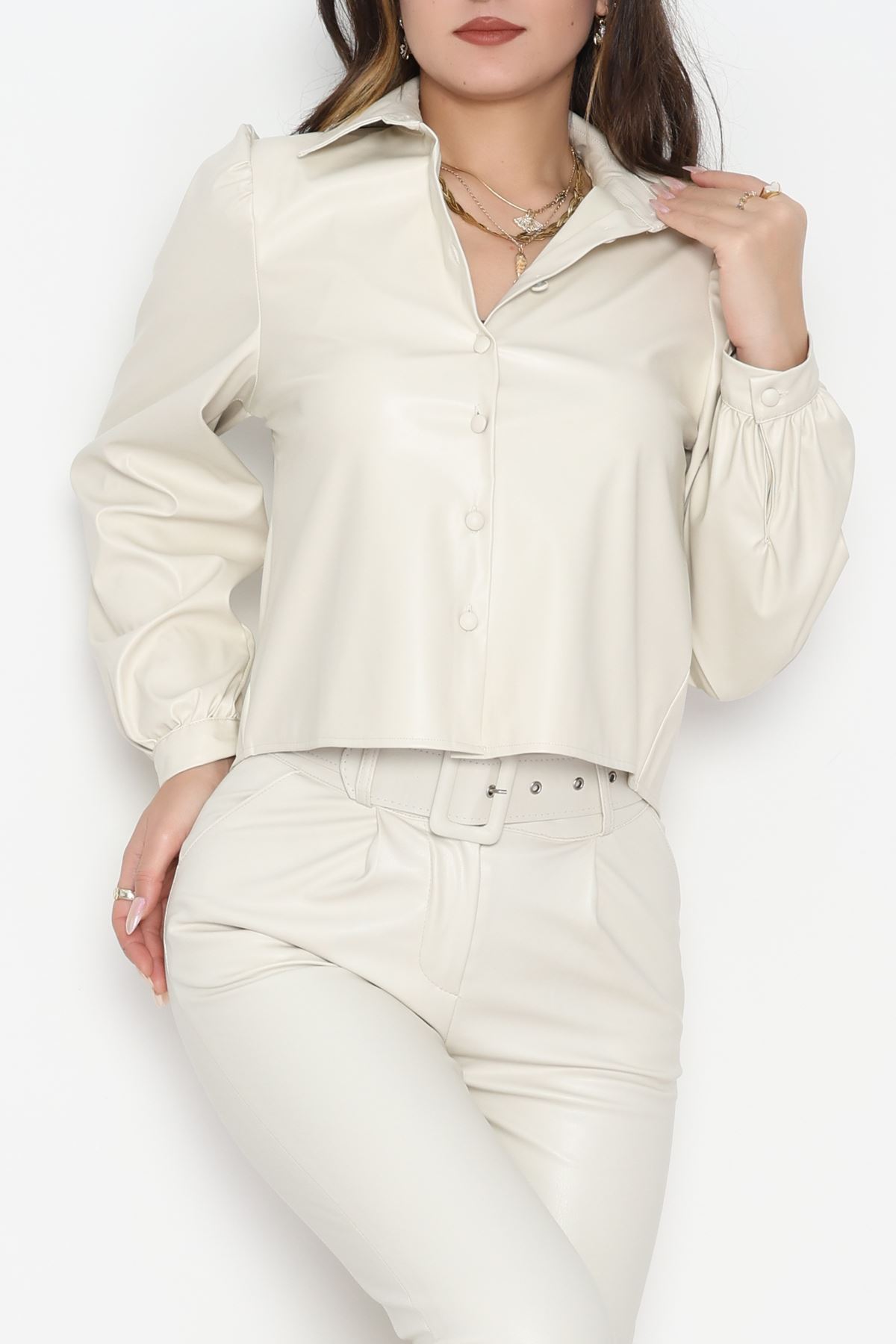 Deri Düğmeli Gömlek Taş - 51076.1779.