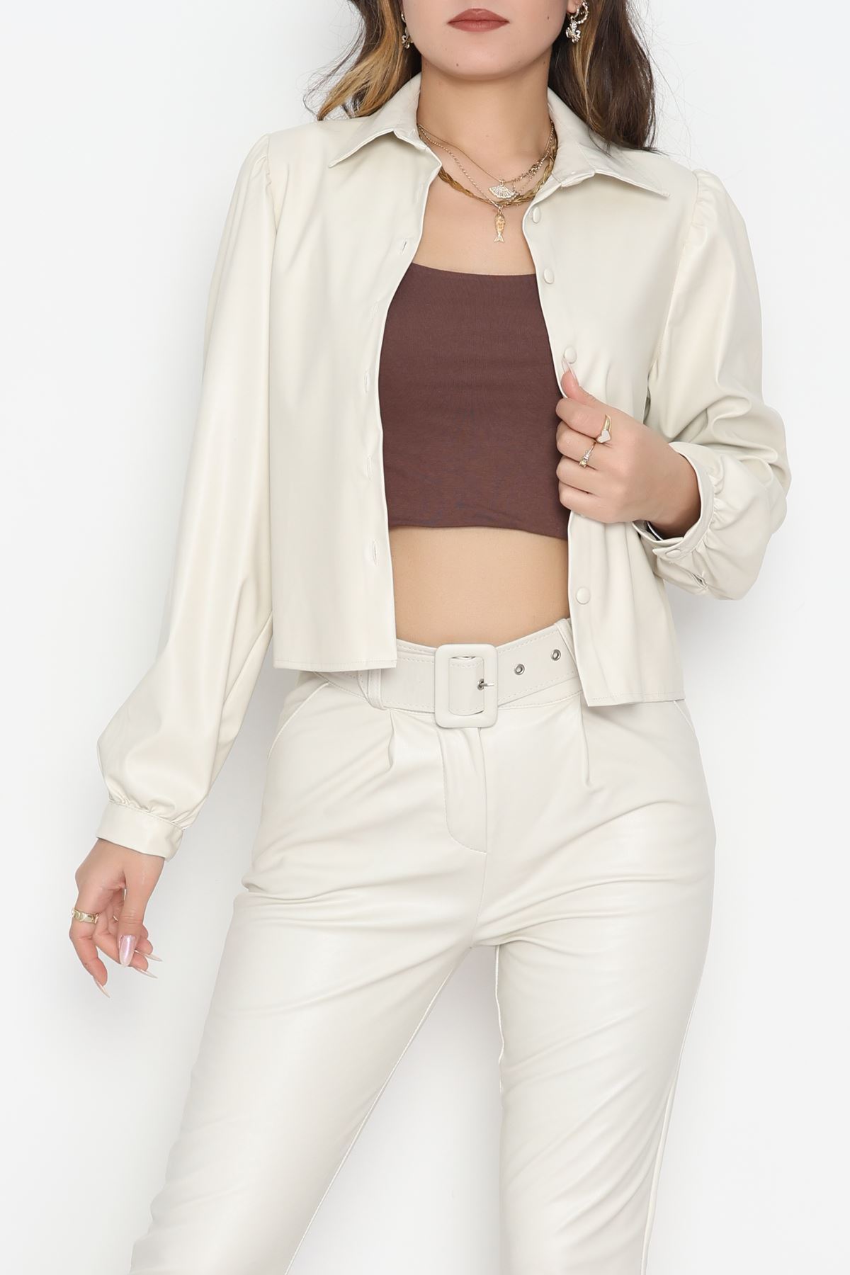 Deri Düğmeli Gömlek Taş - 51076.1779.