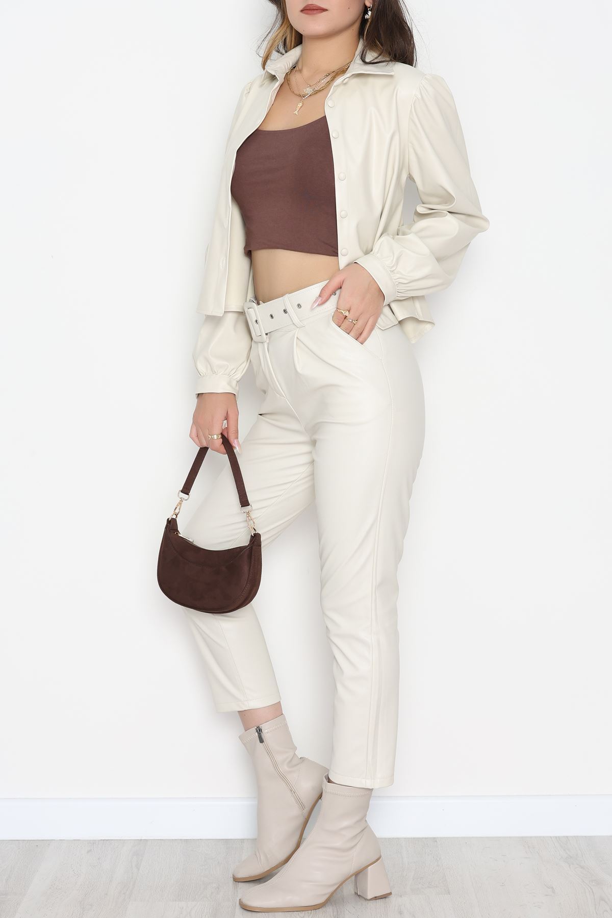 Deri Düğmeli Gömlek Taş - 51076.1779.