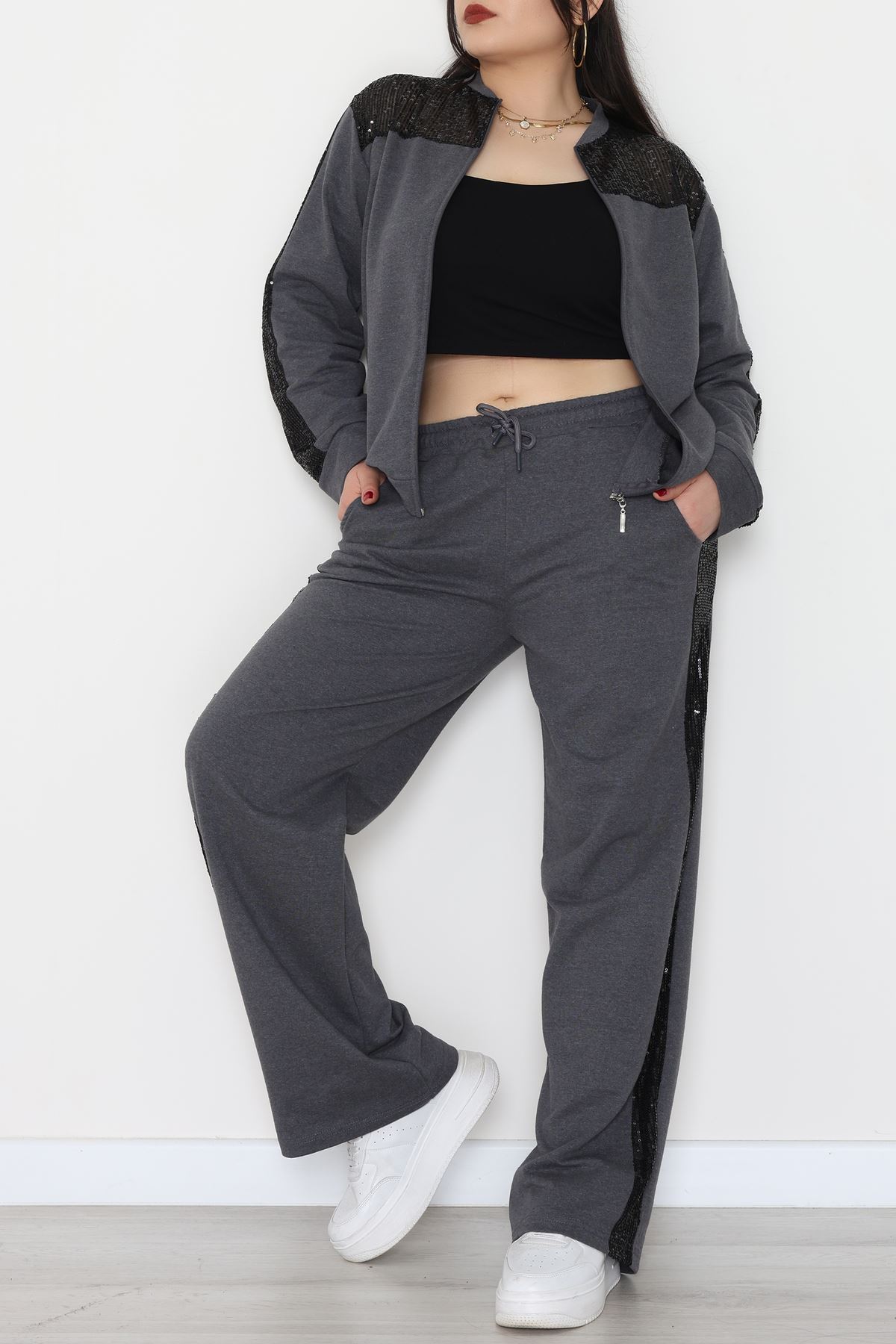 Pul Garnili 2 İplik Büyük Beden Eşofman Takımı Füme - 52108.1567.