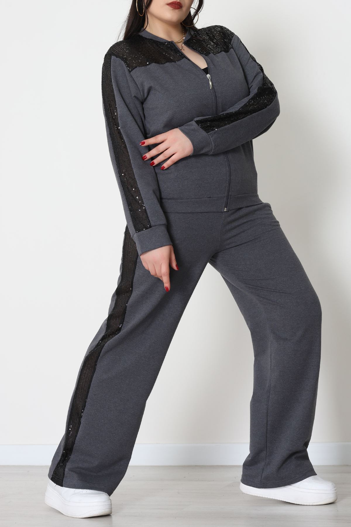 Pul Garnili 2 İplik Büyük Beden Eşofman Takımı Füme - 52108.1567.