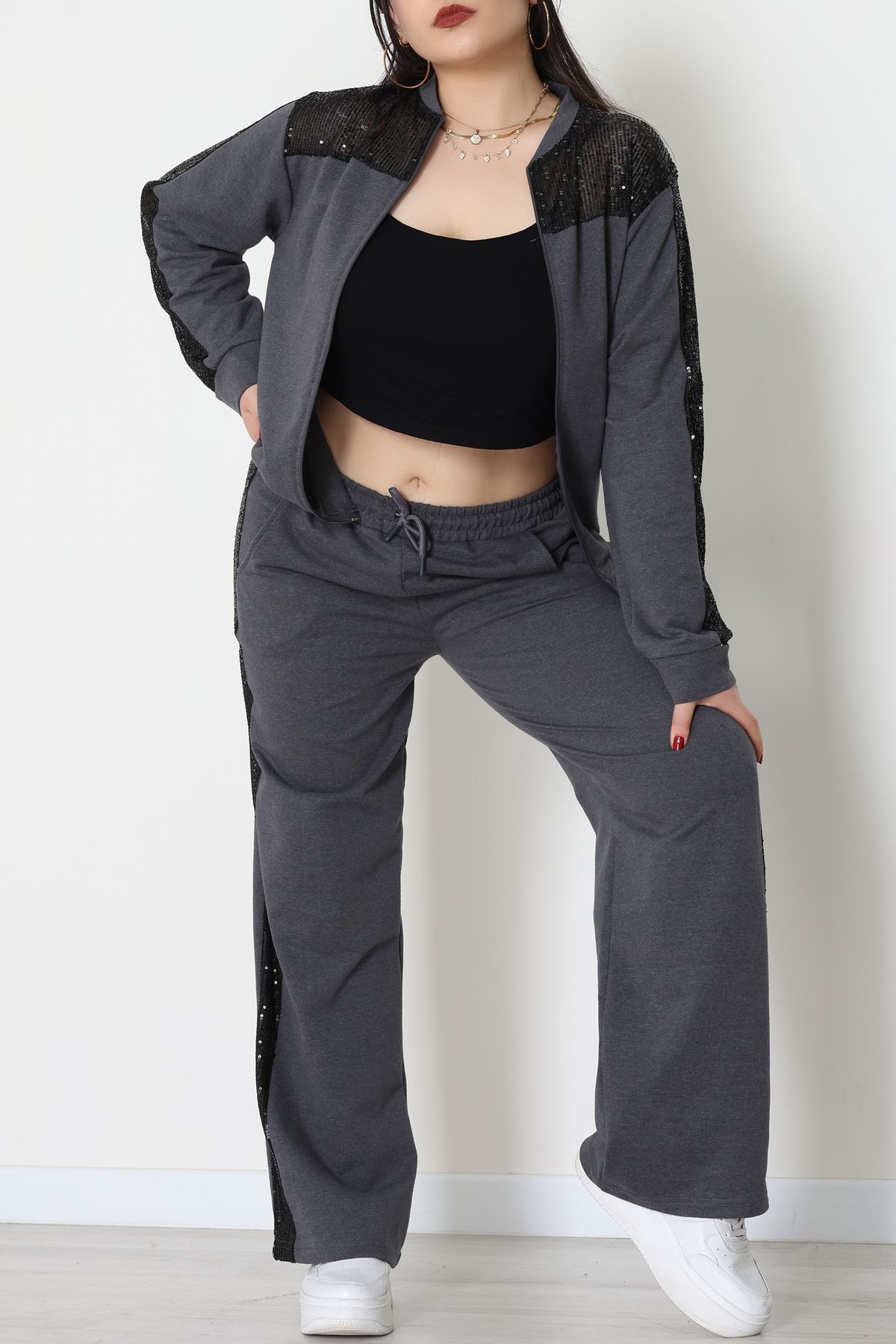 Pul Garnili 2 İplik Büyük Beden Eşofman Takımı Füme - 52108.1567.