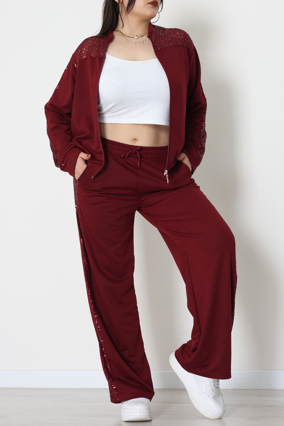 Pul Garnili 2 İplik Büyük Beden Eşofman Takımı Bordo - 52108.1567.