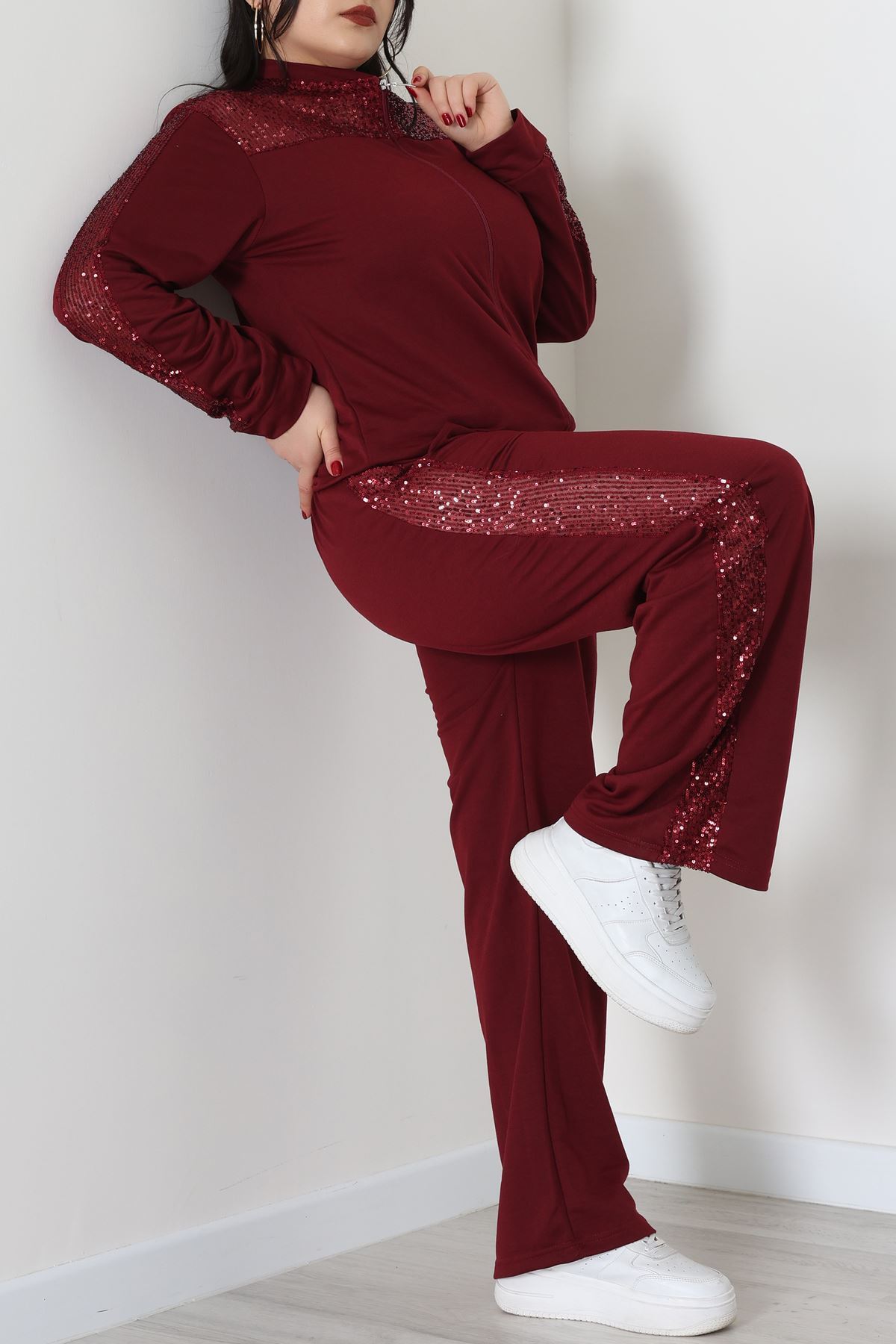 Pul Garnili 2 İplik Büyük Beden Eşofman Takımı Bordo - 52108.1567.