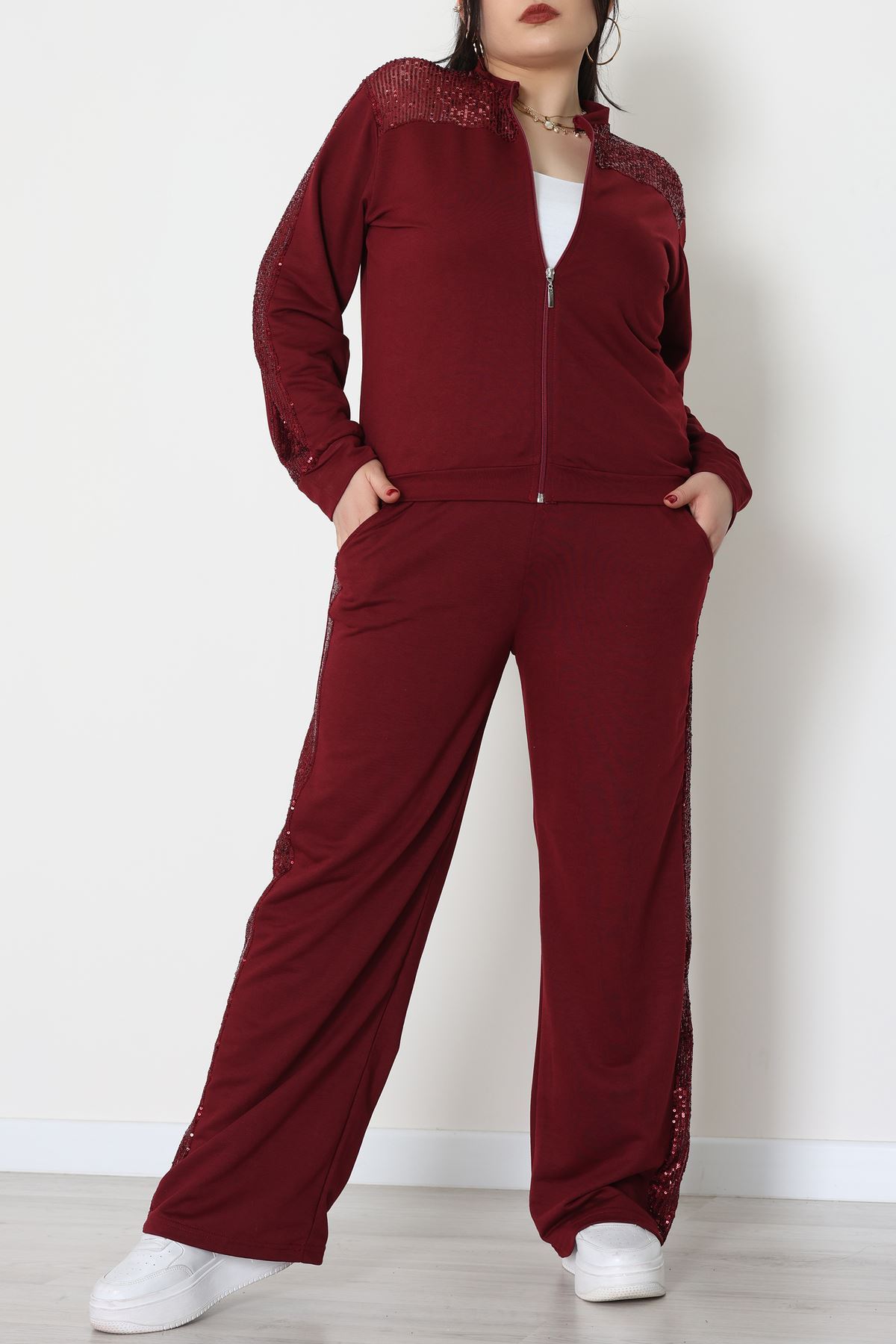 Pul Garnili 2 İplik Büyük Beden Eşofman Takımı Bordo - 52108.1567.