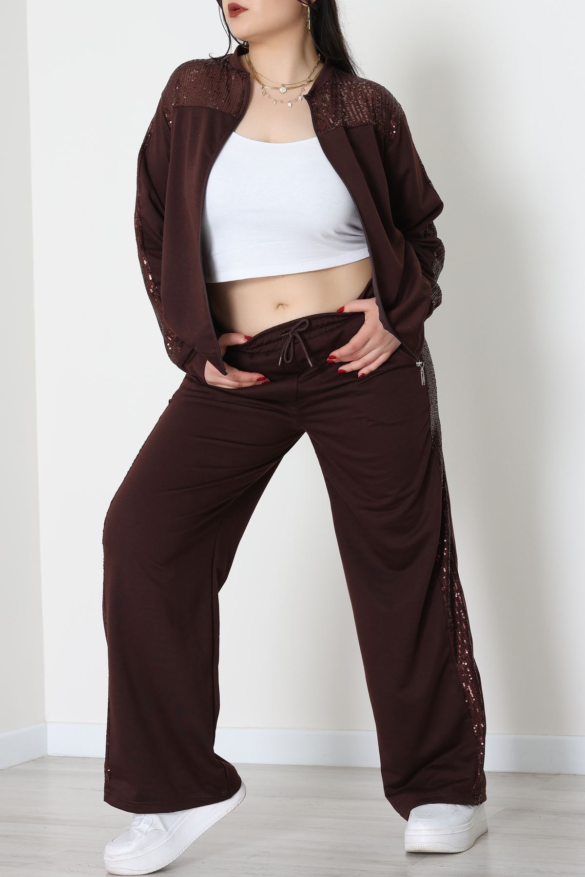 Pul Garnili 2 İplik Büyük Beden Eşofman Takımı Kahve - 52108.1567.