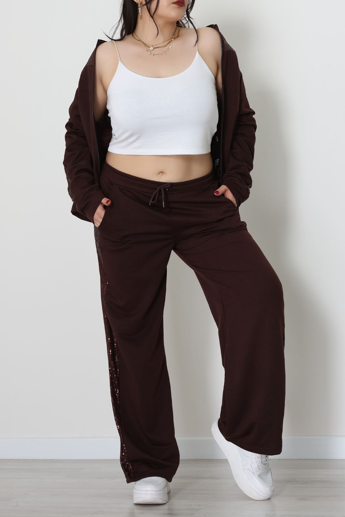 Pul Garnili 2 İplik Büyük Beden Eşofman Takımı Kahve - 52108.1567.