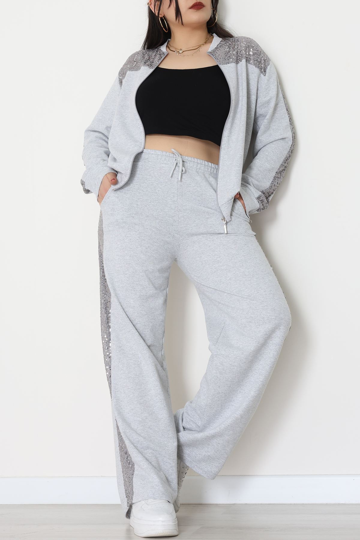 Pul Garnili 2 İplik Büyük Beden Eşofman Takımı Gri - 52108.1567.