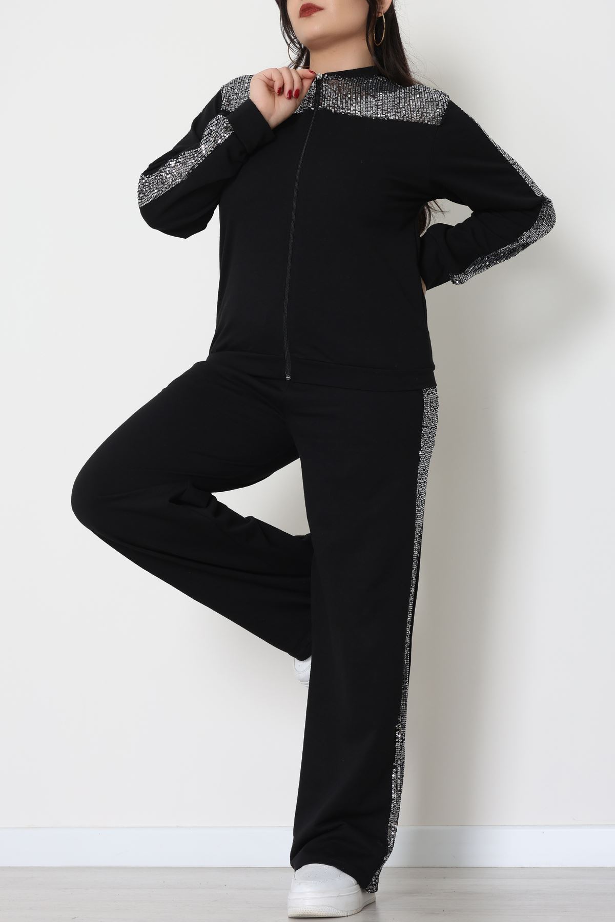 Pul Garnili 2 İplik Büyük Beden Eşofman Takımı Siyahgümüş - 52108.1567.