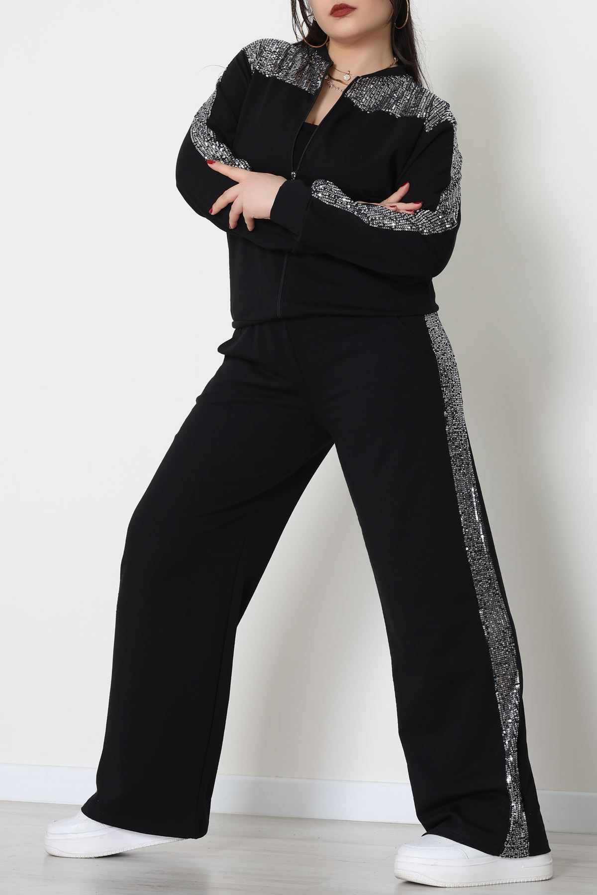 Pul Garnili 2 İplik Büyük Beden Eşofman Takımı Siyahgümüş - 52108.1567.