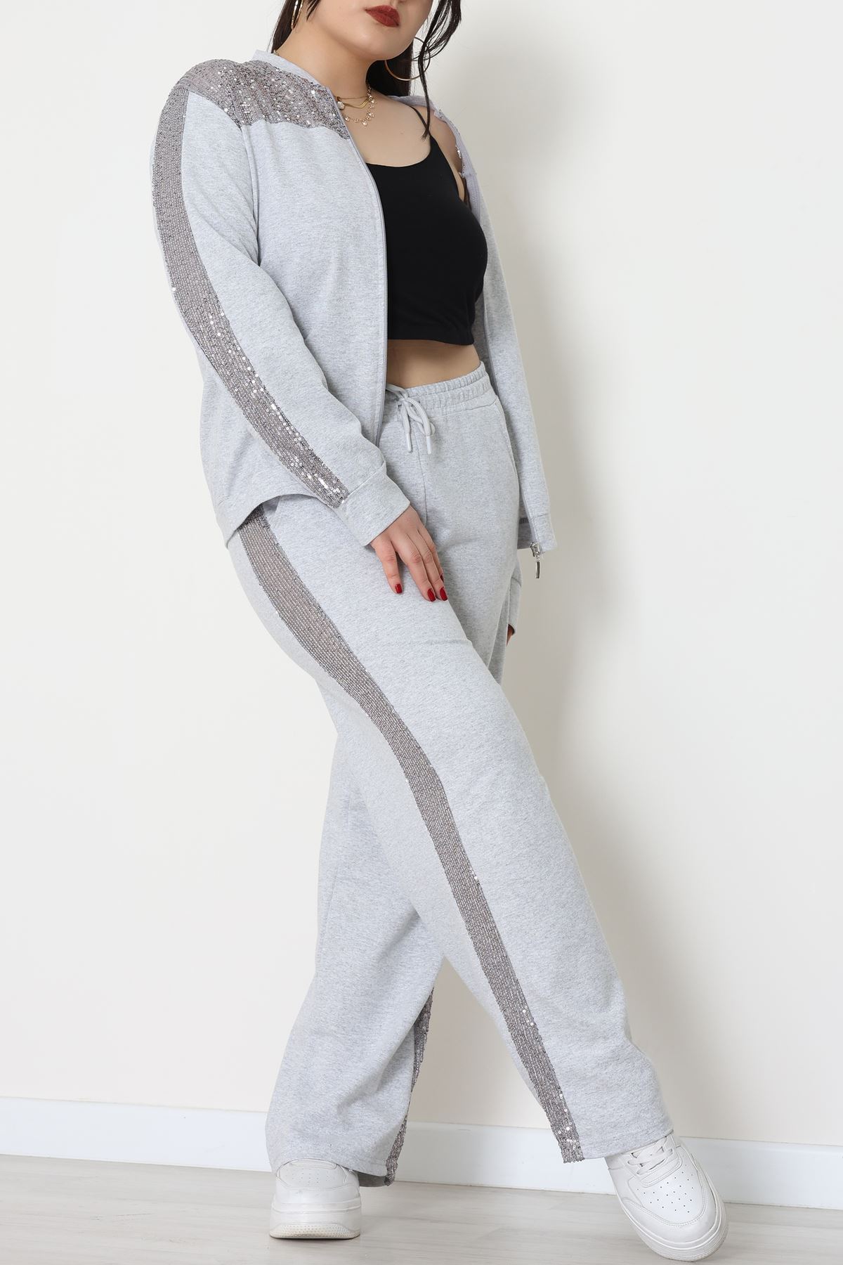 Pul Garnili 2 İplik Büyük Beden Eşofman Takımı Gri - 52108.1567.