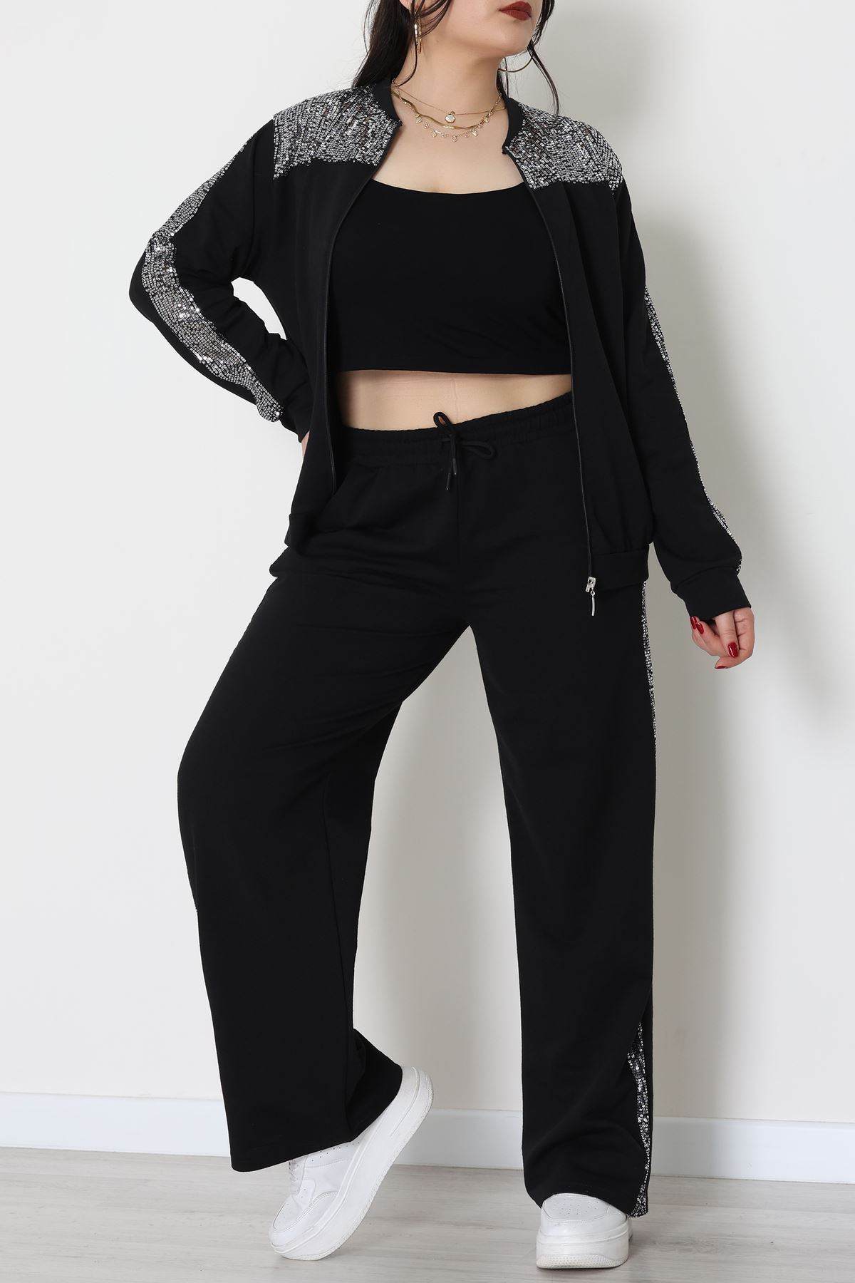 Pul Garnili 2 İplik Büyük Beden Eşofman Takımı Siyahgümüş - 52108.1567.