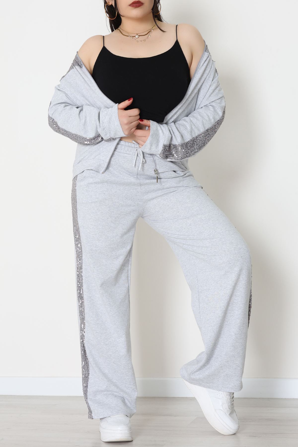 Pul Garnili 2 İplik Büyük Beden Eşofman Takımı Gri - 52108.1567.