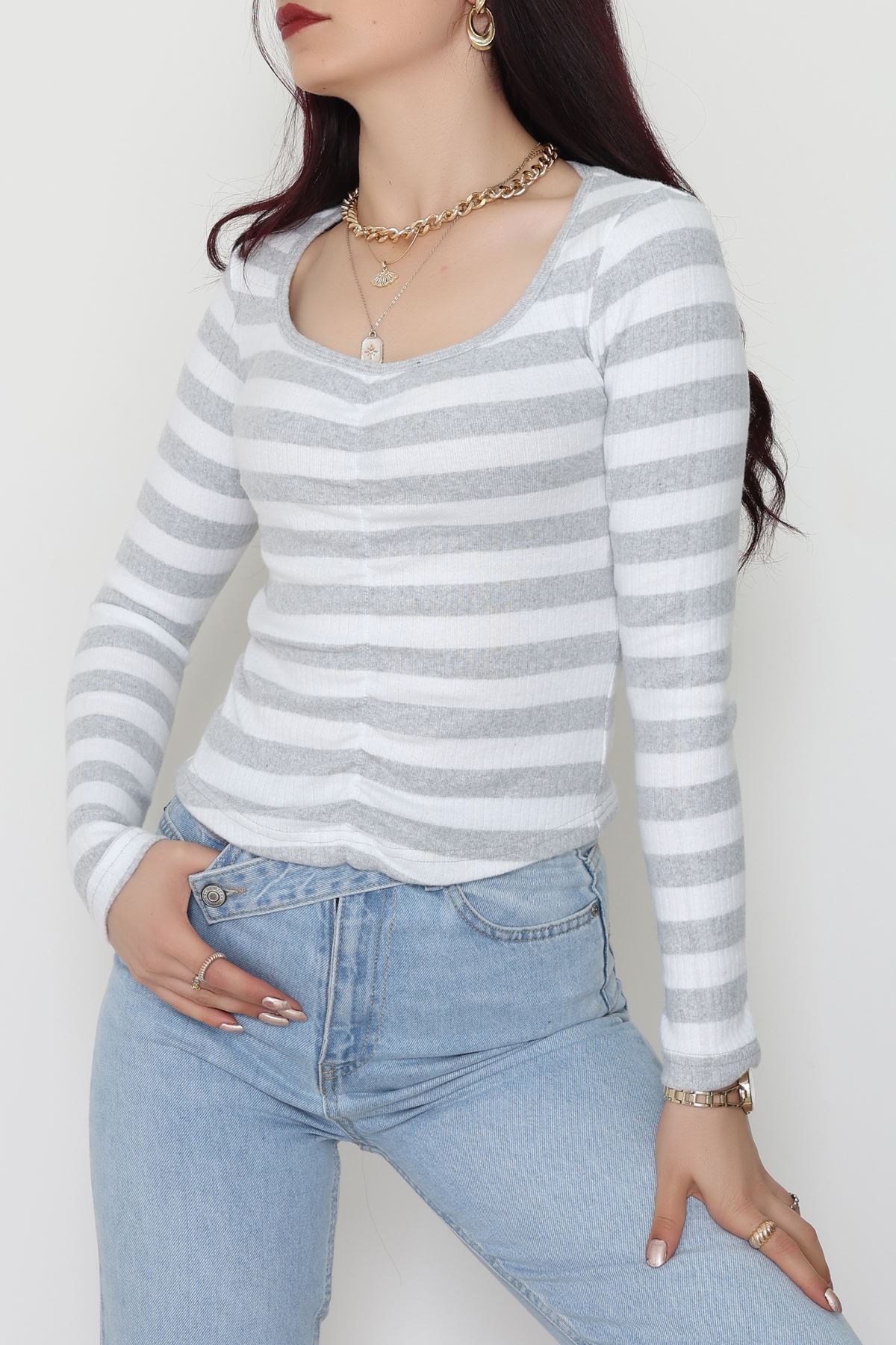 Kalp Yaka Büzgülü Kaşkorse Bluz Gribeyaz - 51092.1567.