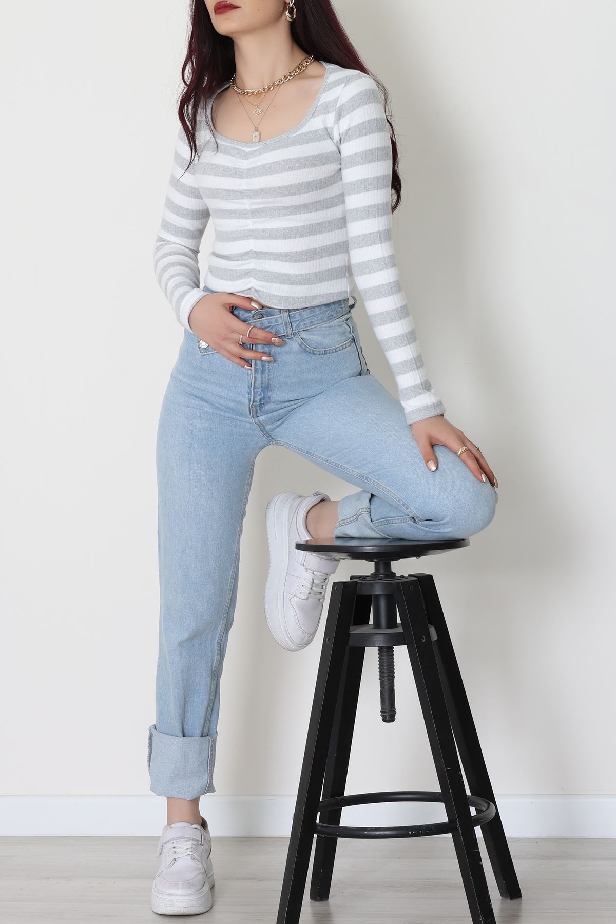 Kalp Yaka Büzgülü Kaşkorse Bluz Gribeyaz - 51092.1567.