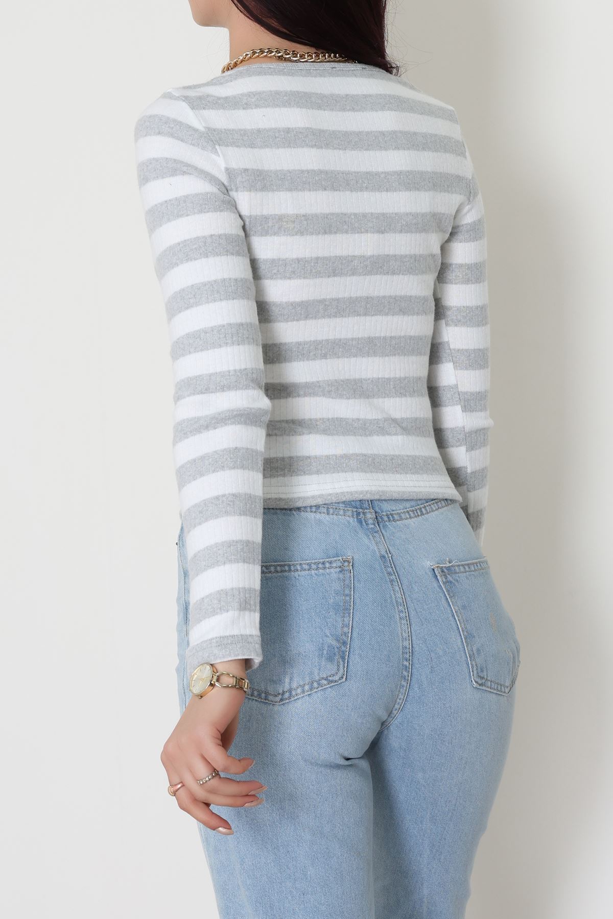 Kalp Yaka Büzgülü Kaşkorse Bluz Gribeyaz - 51092.1567.