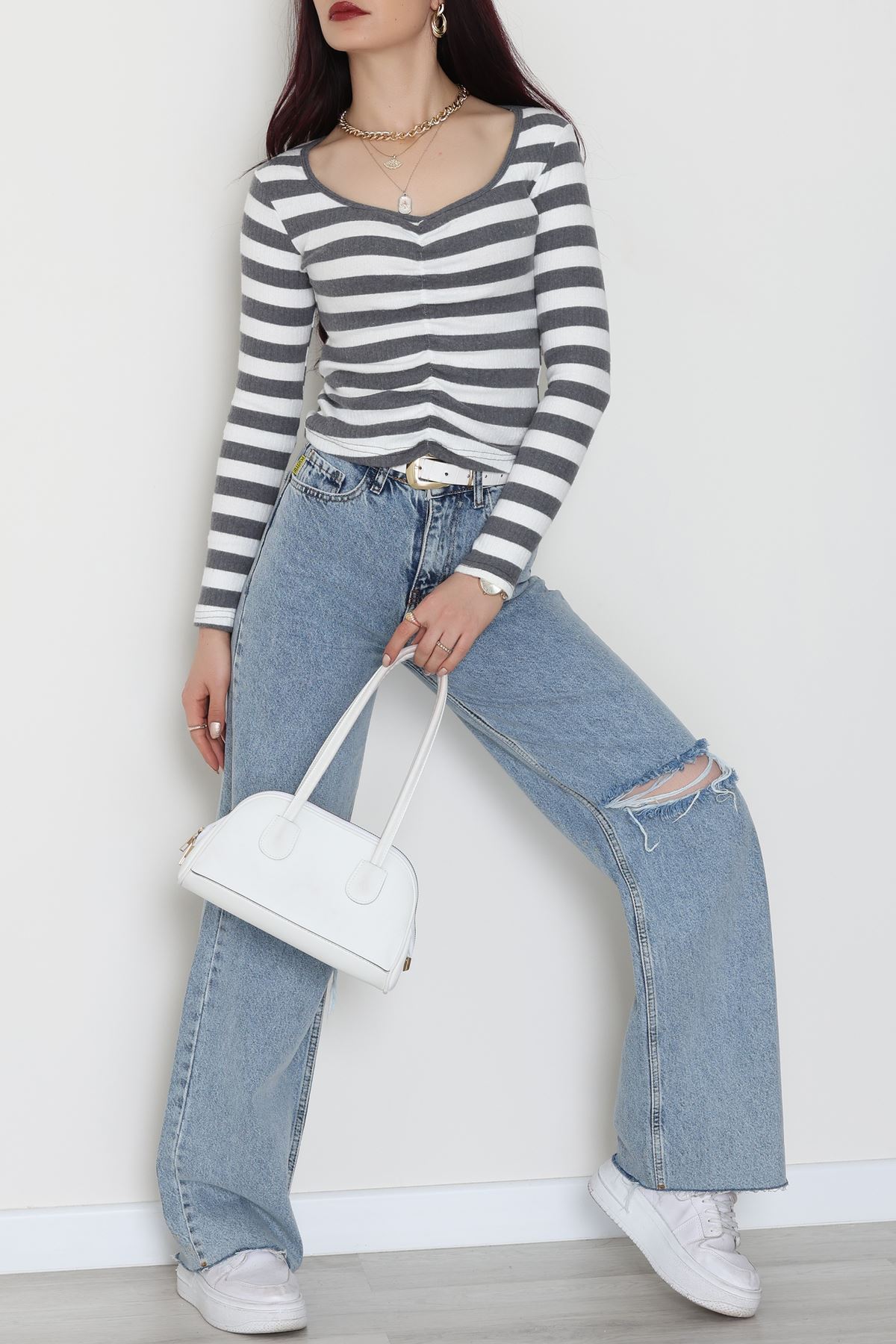 Kalp Yaka Büzgülü Kaşkorse Bluz Antibeyaz - 51092.1567.